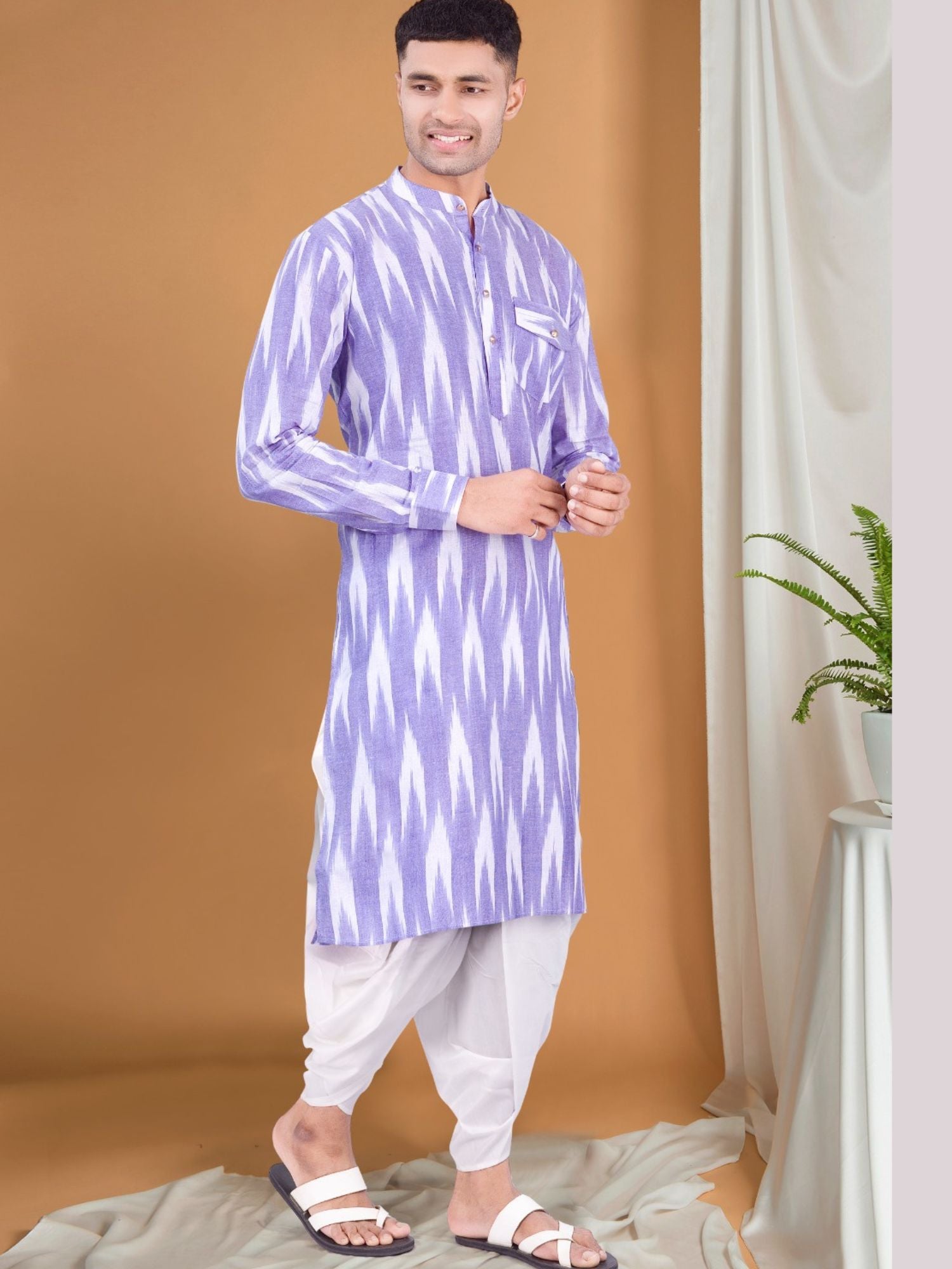 Voilet Purple Ikat Print Kurta Peshawari Set