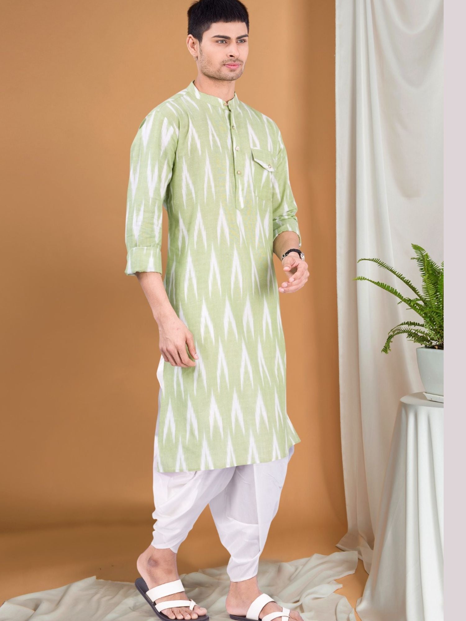Tropical Green Ikat Print Kurta Pajama Set