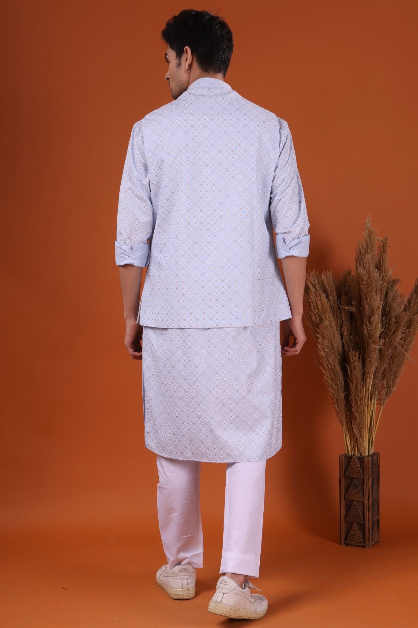 Iris Blue Lotus Gold Printed Cotton Kurta Pajama Set