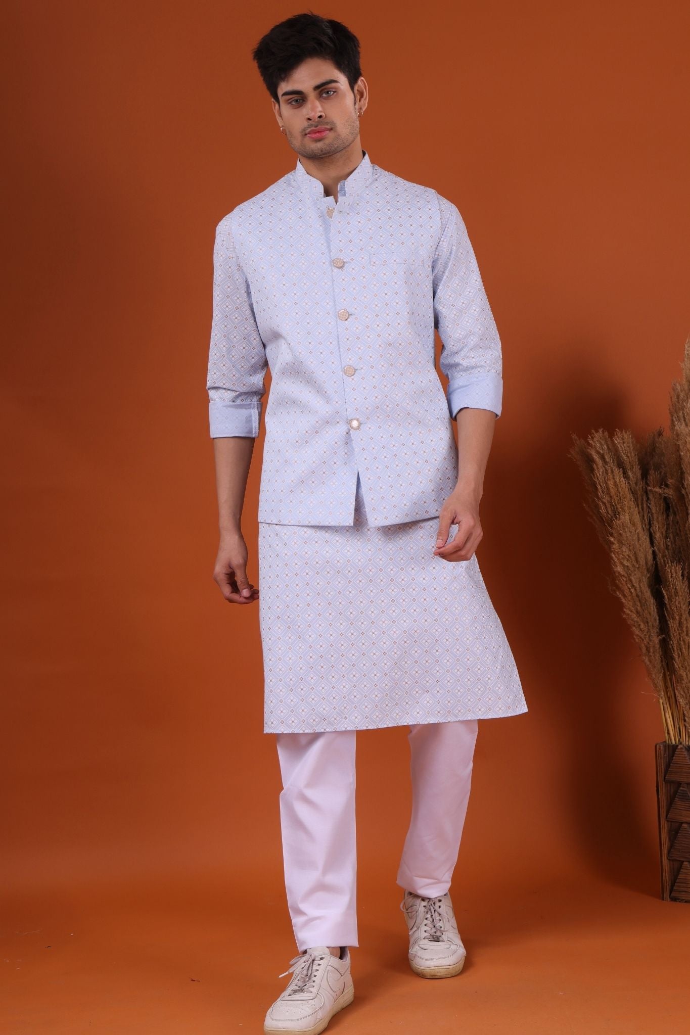 Iris Blue Lotus Gold Printed Cotton Kurta Pajama Set