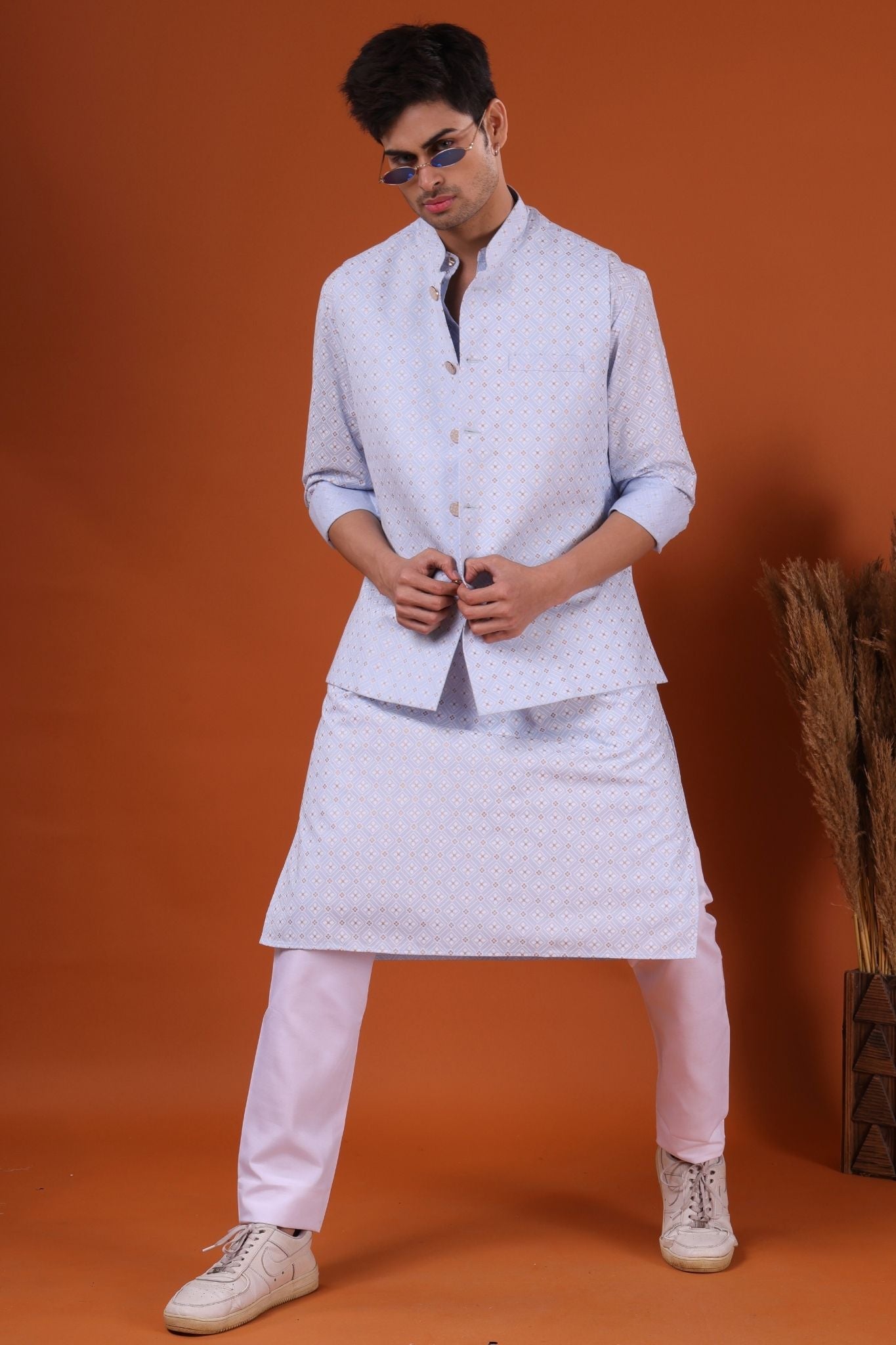 Iris Blue Lotus Gold Printed Cotton Kurta Pajama Set