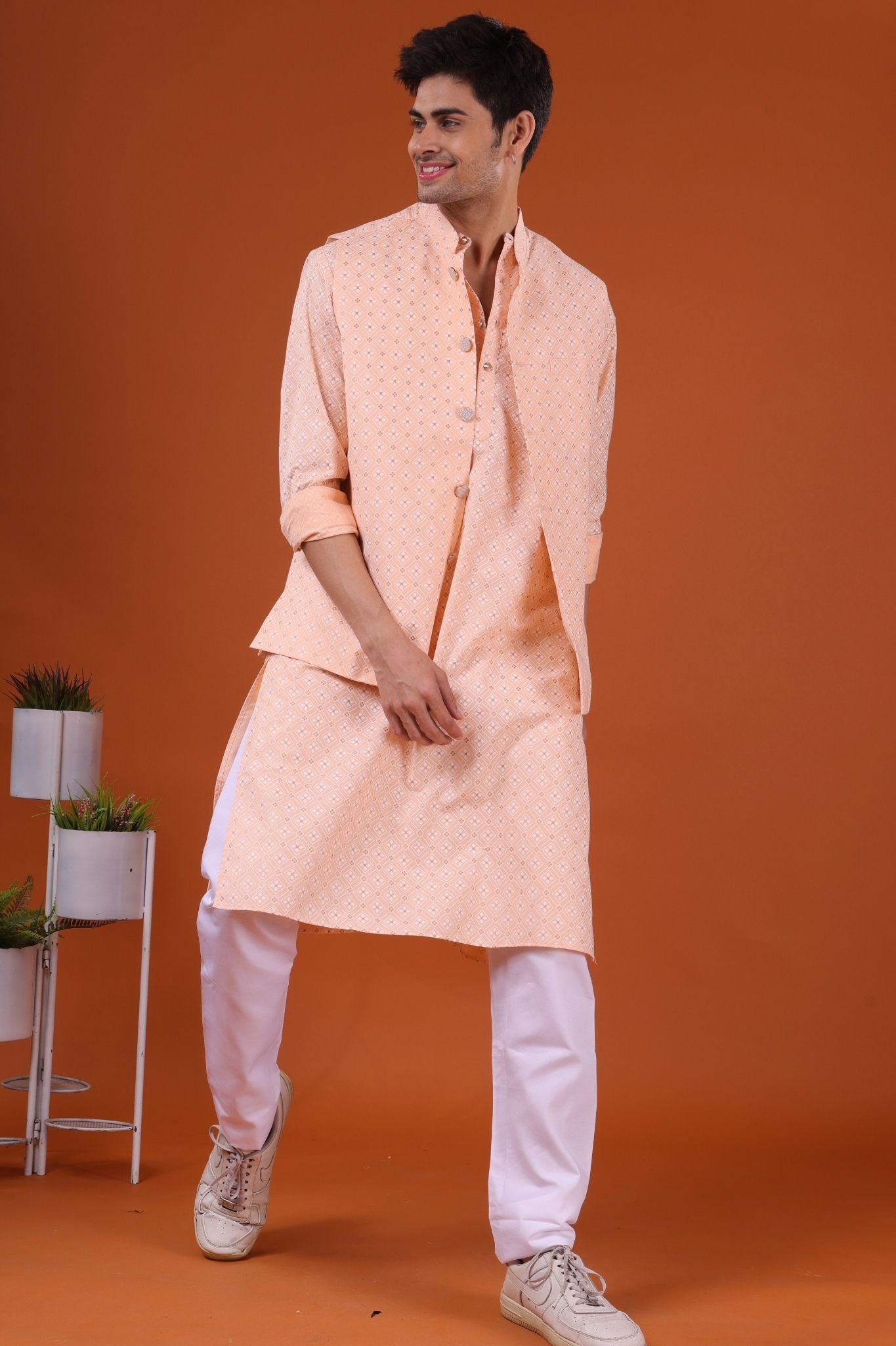 Butter Cream Lotus Gold Printed Cotton Kurta Jacket Set