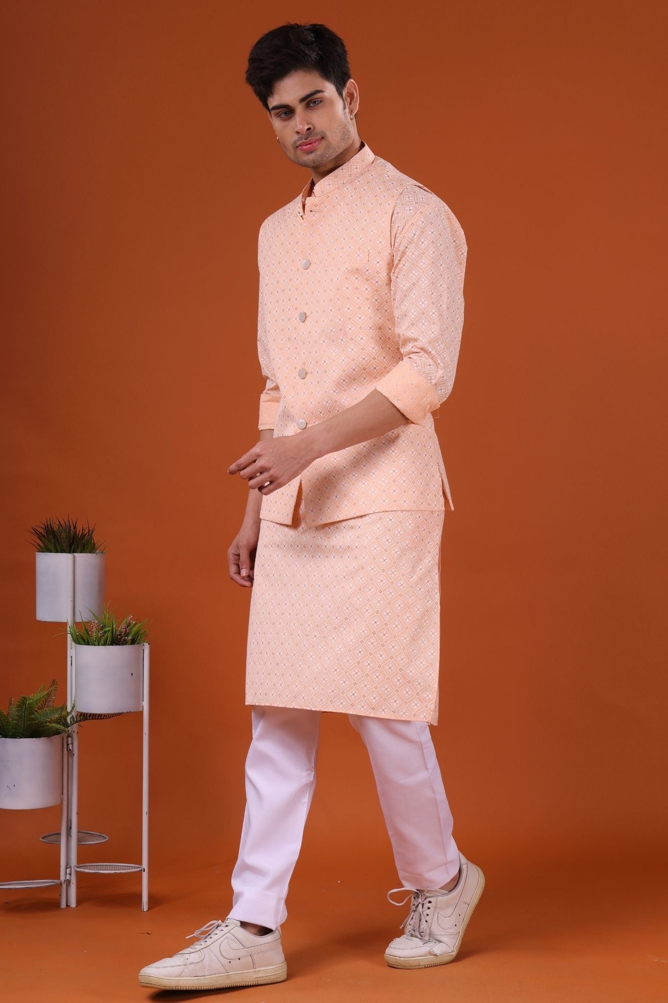 Butter Cream Lotus Gold Printed Cotton Kurta Jacket Set