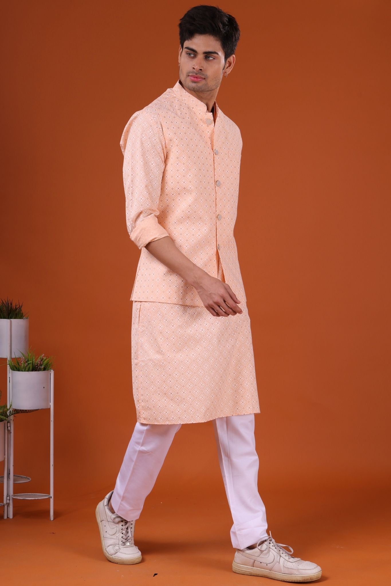 Butter Cream Lotus Gold Printed Cotton Kurta Jacket Set