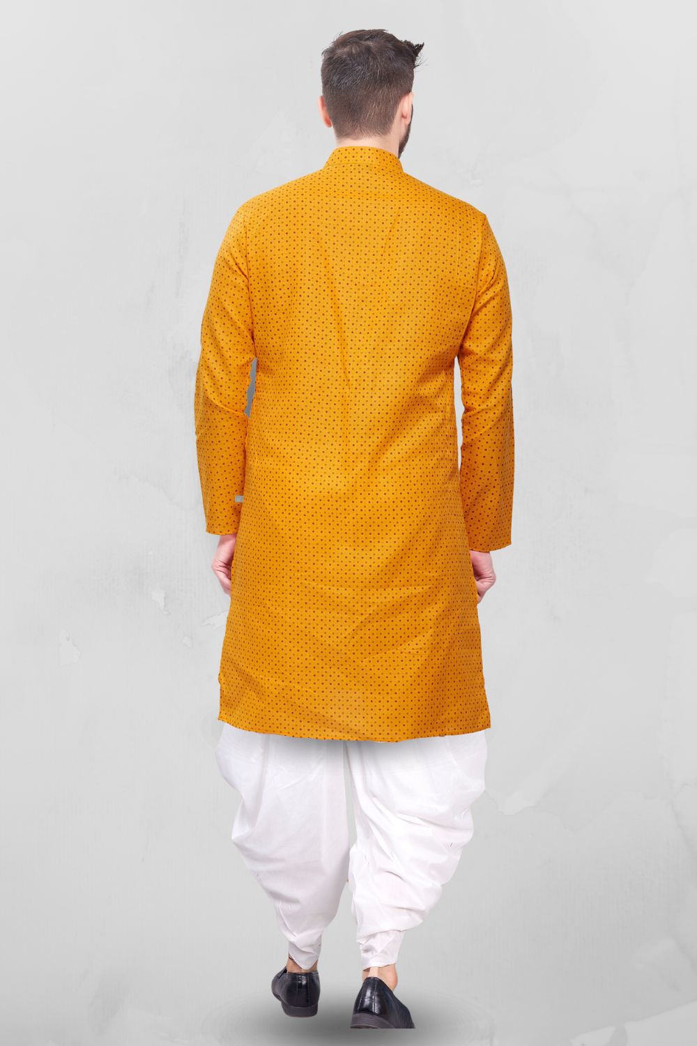 Shine Of Yellow Dot Printed Cotton Kurta Peshawari Set