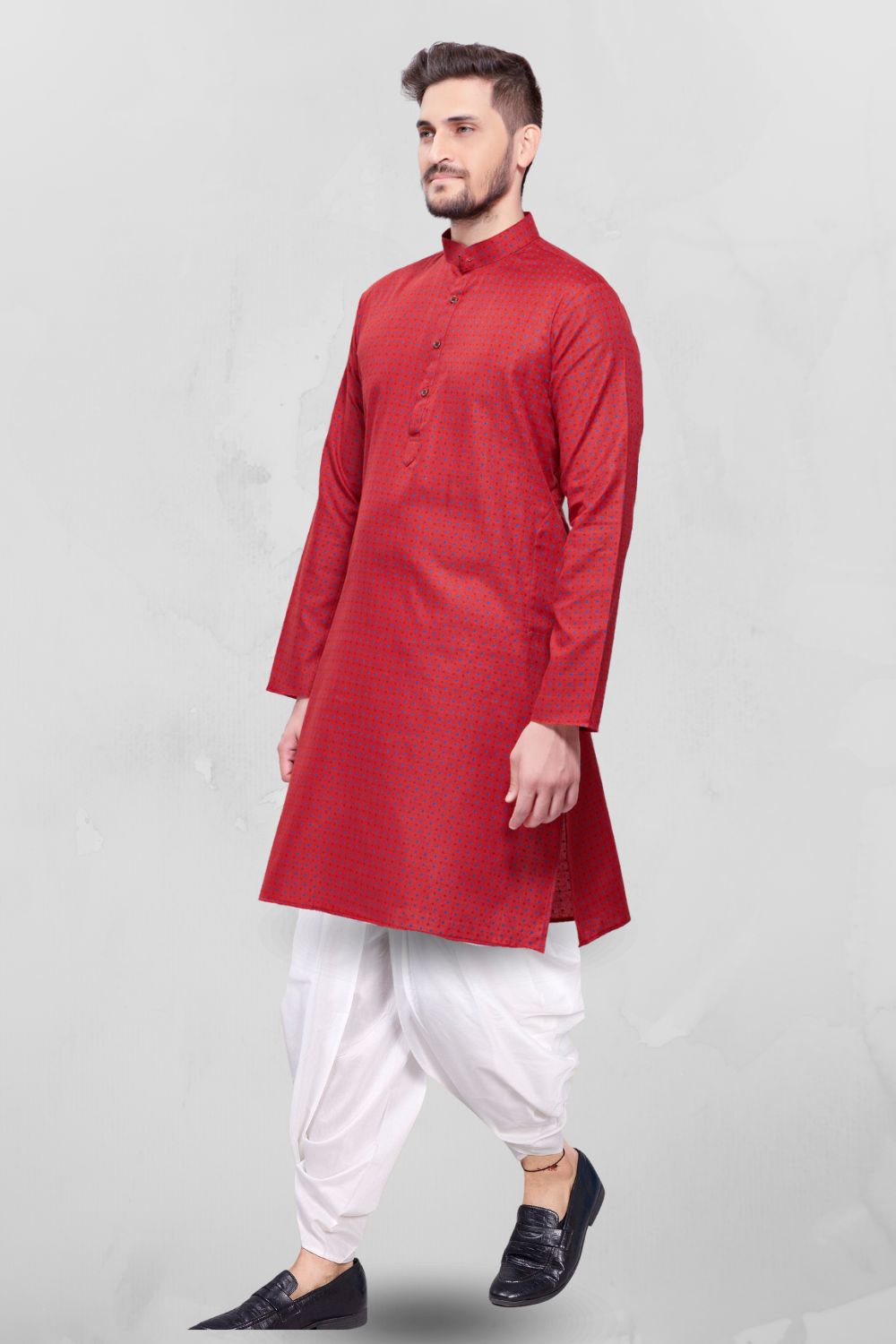 Barn Red Dot Printed Cotton Kurta Peshawari Set