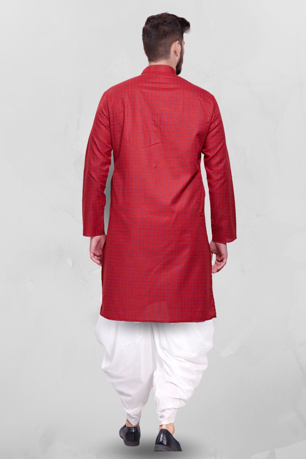 Barn Red Dot Printed Cotton Kurta Peshawari Set