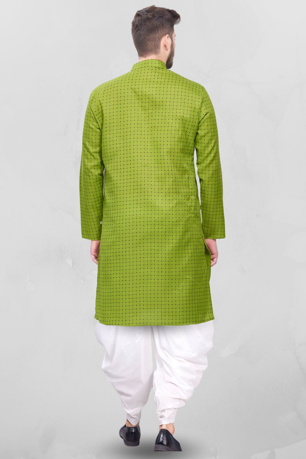 Lime Green Dot Printed Cotton Kurta Peshawari Set