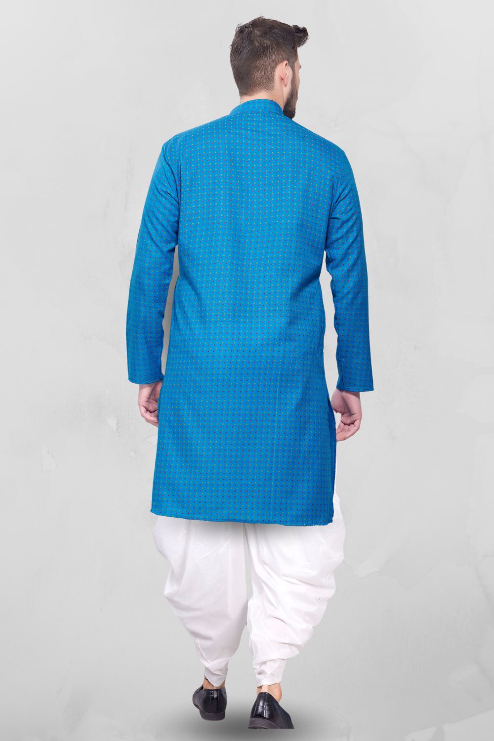 Iris Blue Dot Printed Cotton Kurta Peshawari Set