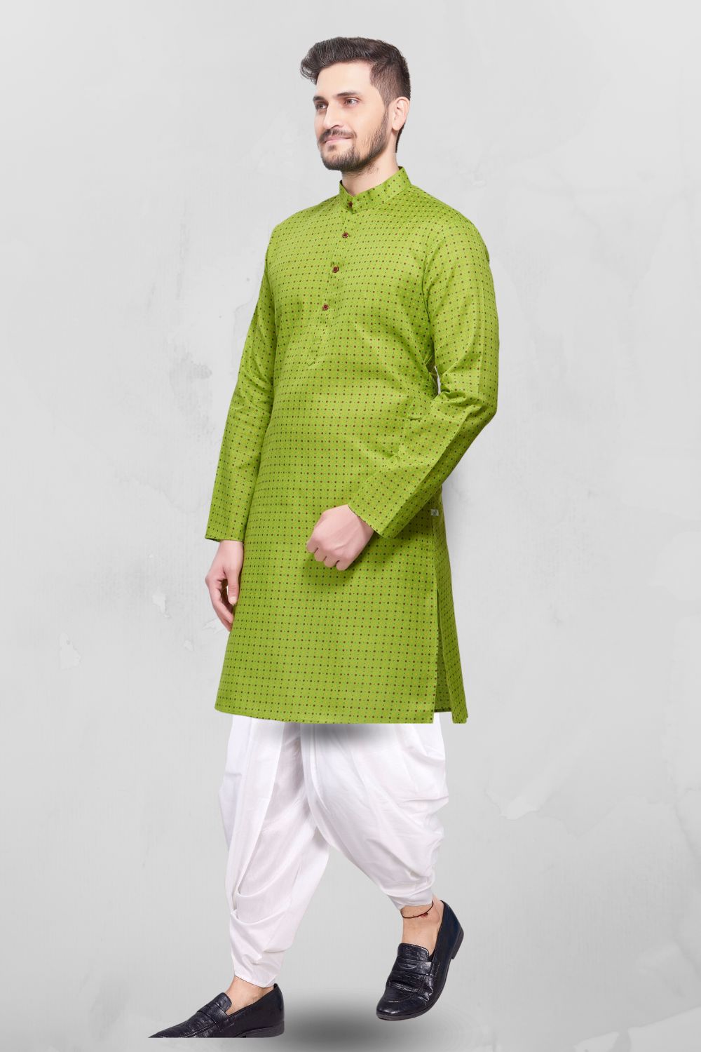 Lime Green Dot Printed Cotton Kurta Peshawari Set