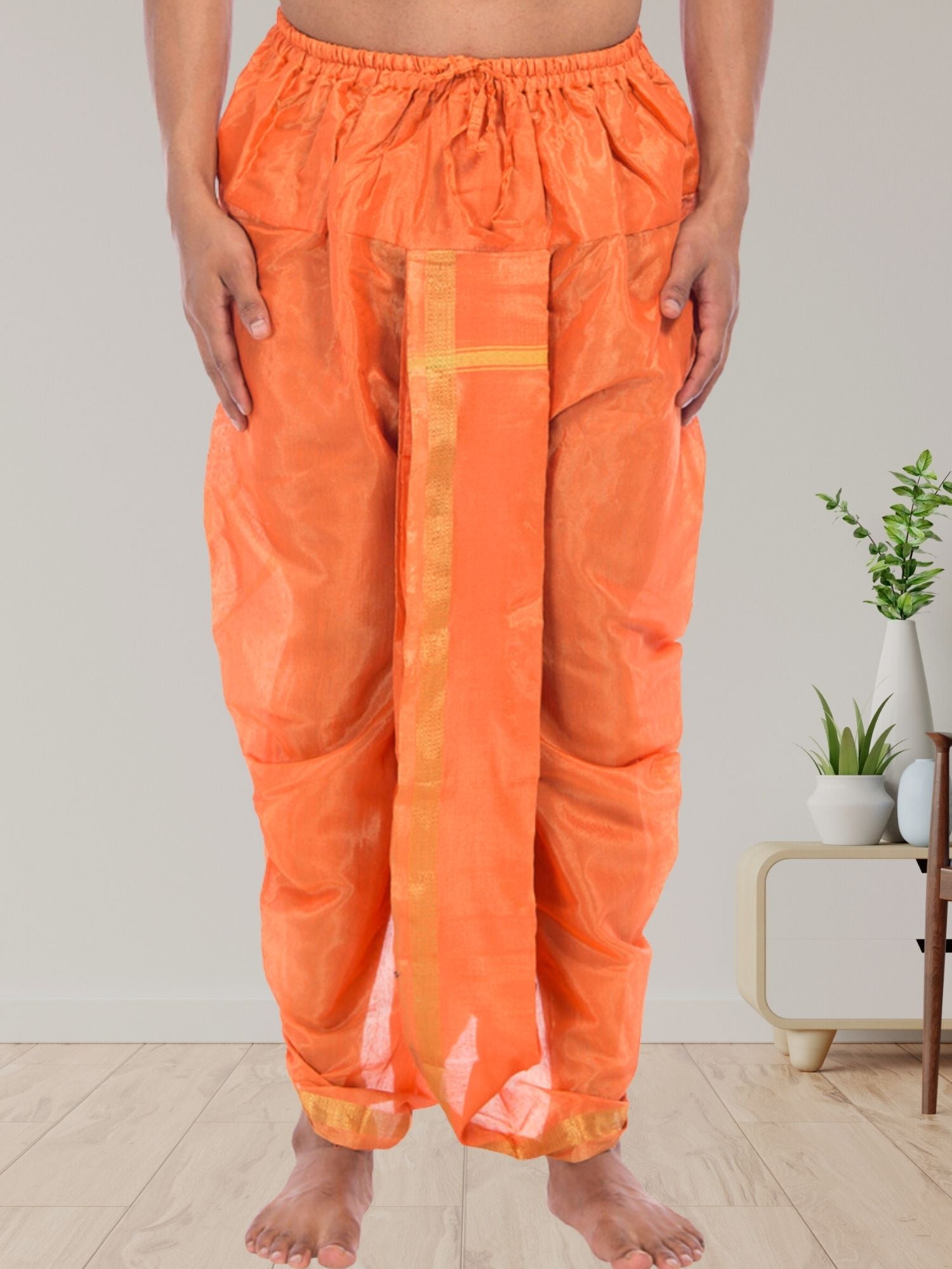 Orange Pitambari Dhoti Ready To Wear Cotton Silk Dhoti