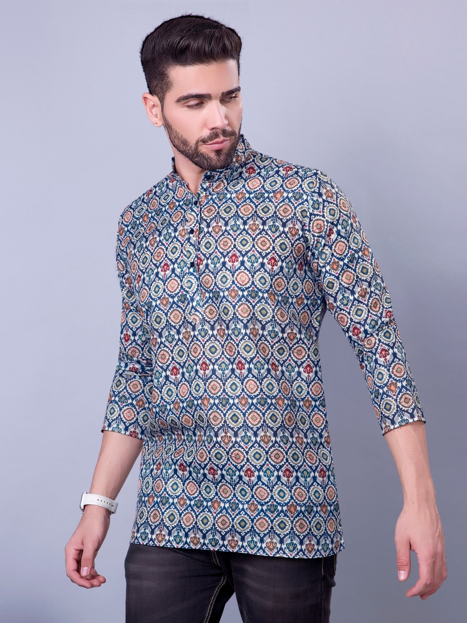 Multi Green Indi Print Short Cotton Kurta