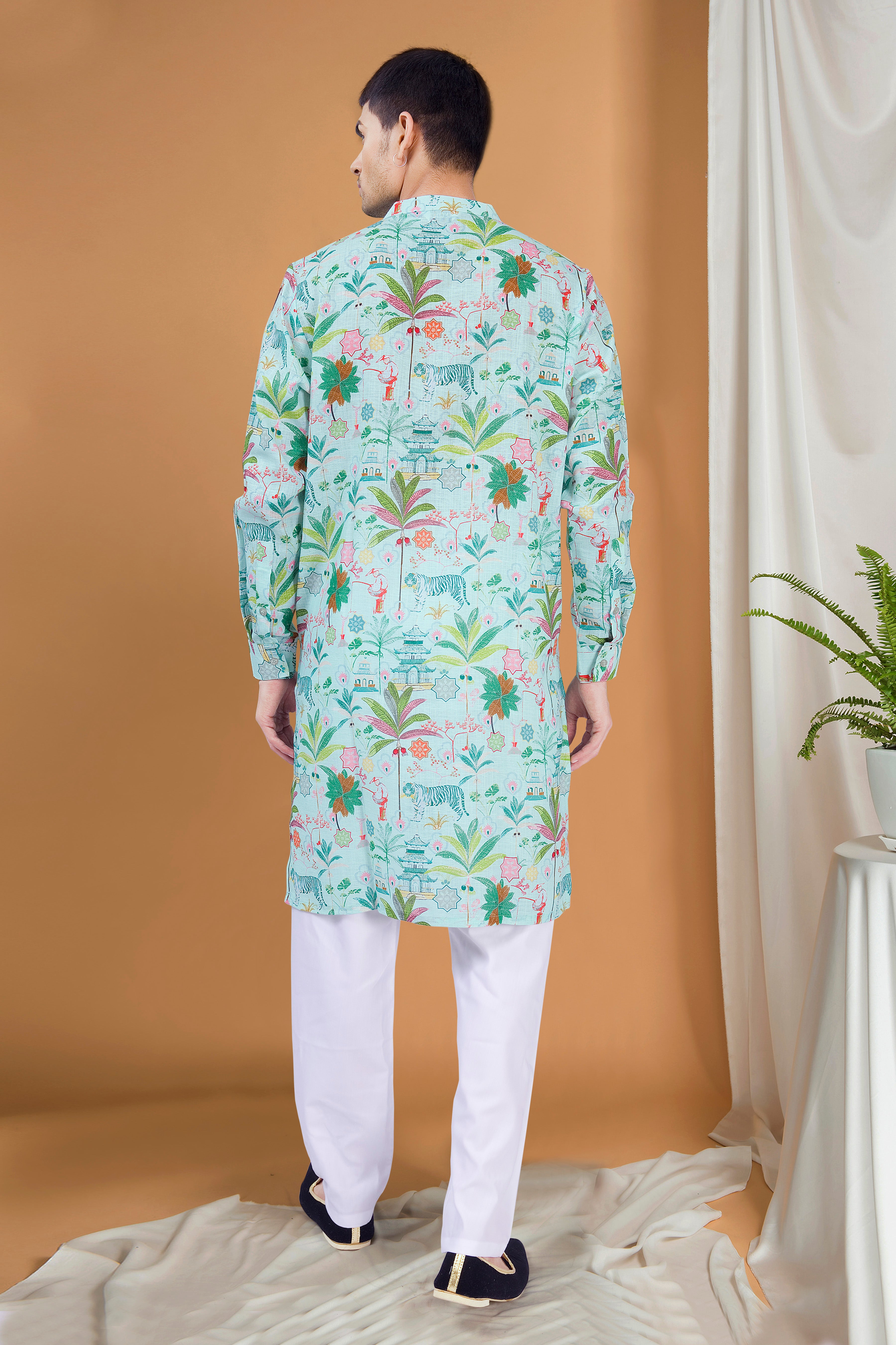 Forest Green Tropical Paradise Cotton  Kurta