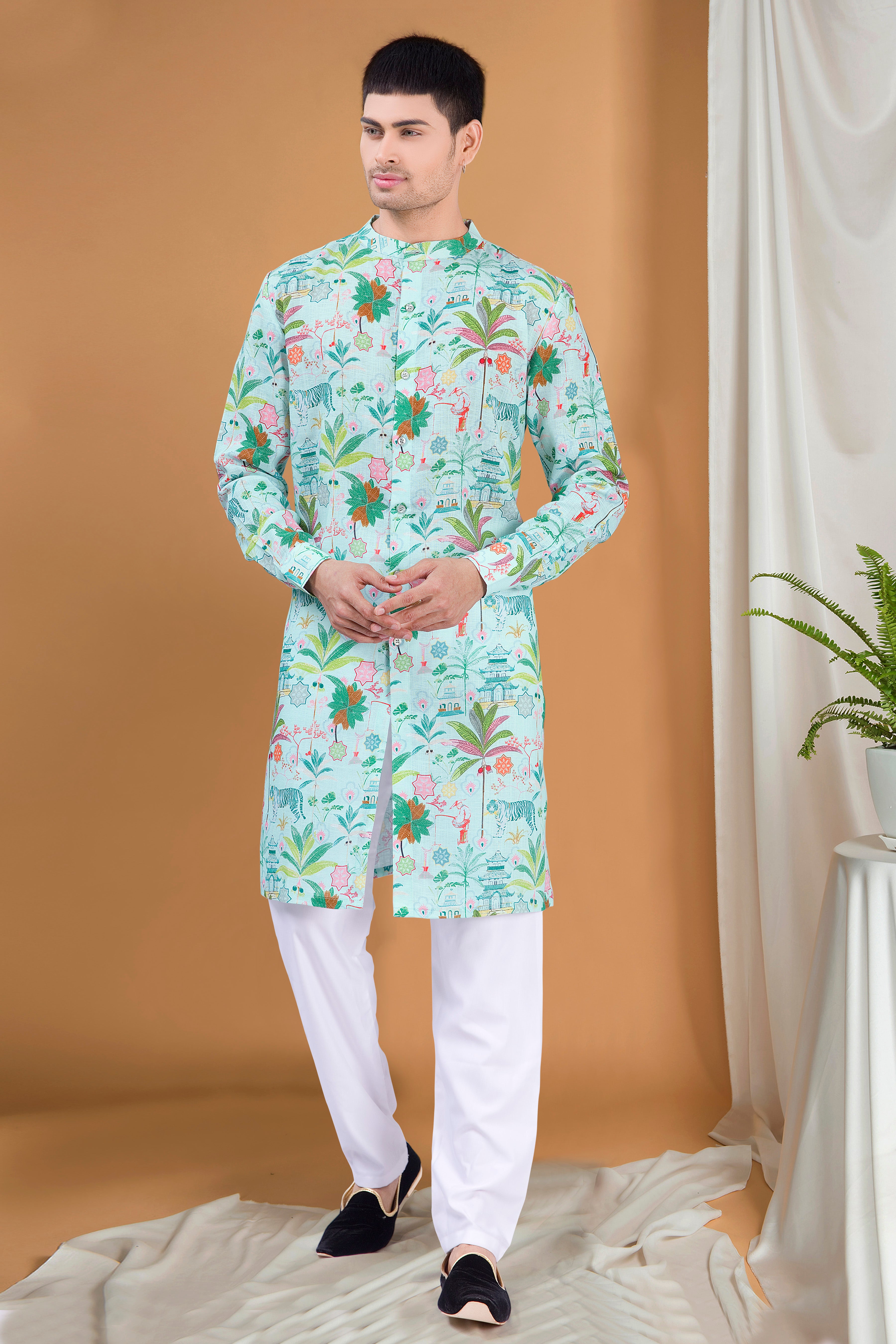 Forest Green Tropical Paradise Cotton  Kurta