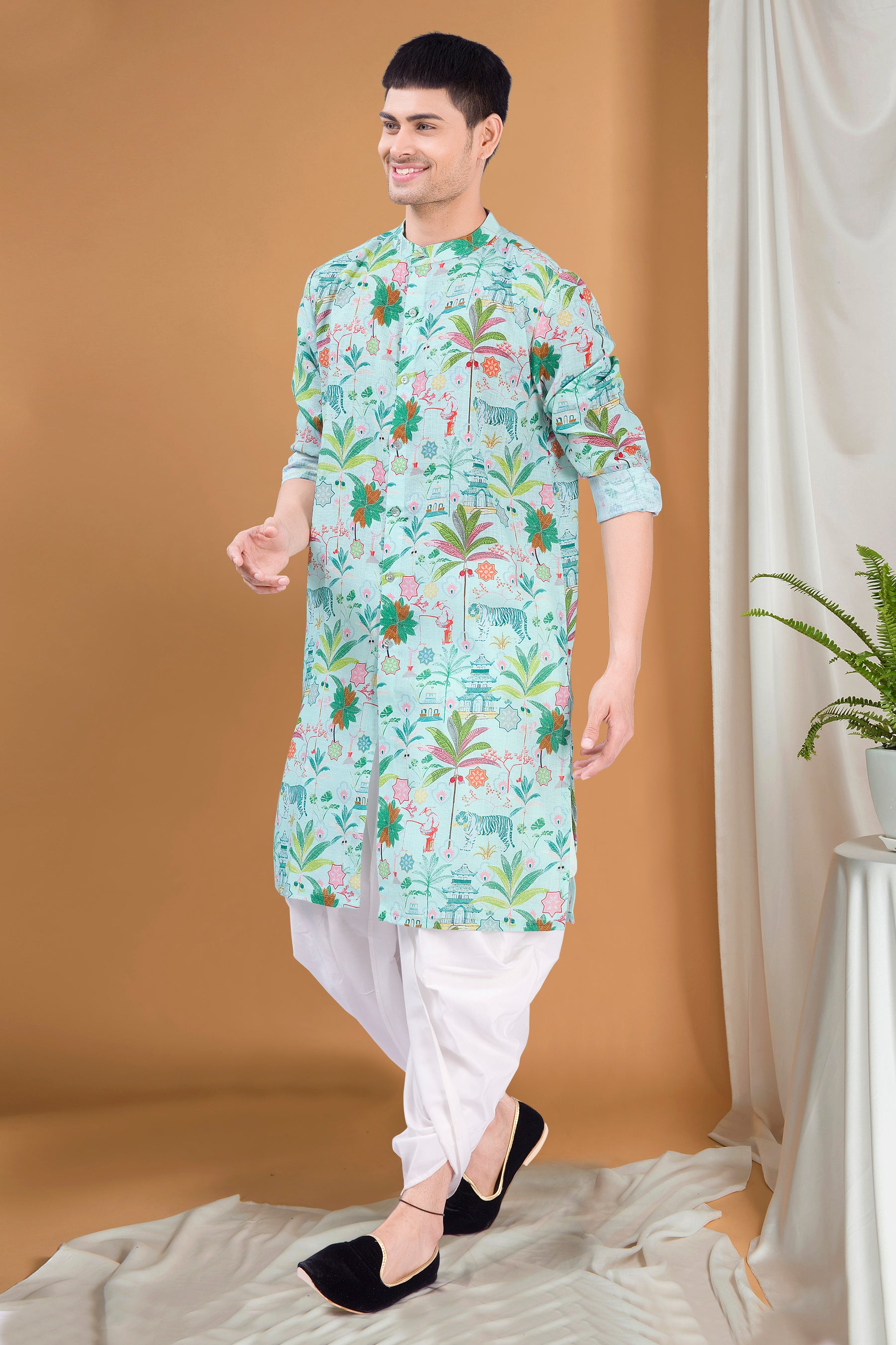 Forest Green Tropical Paradise Kurta Peshawari Set