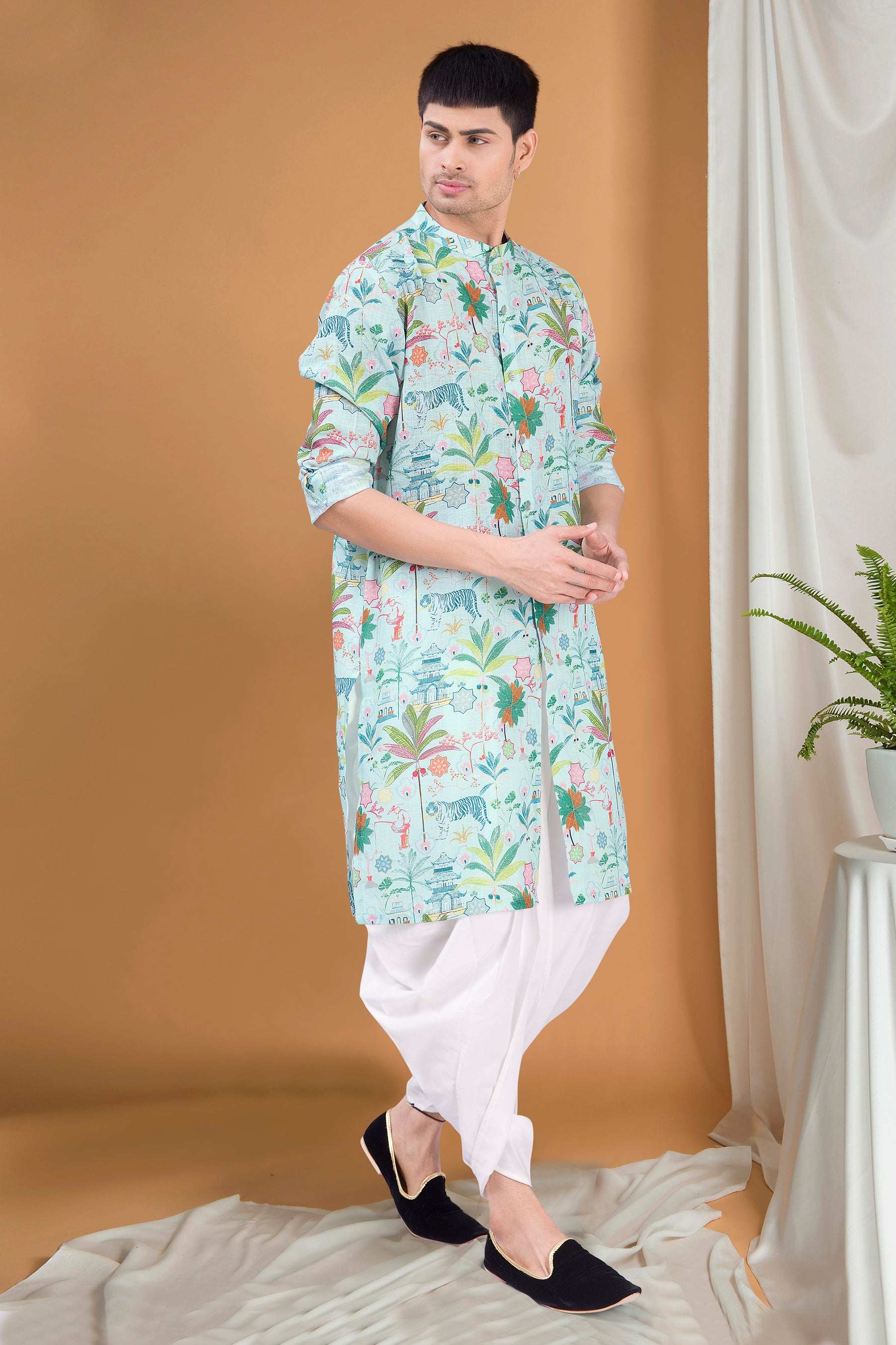 Forest Green Tropical Paradise Kurta Peshawari Set