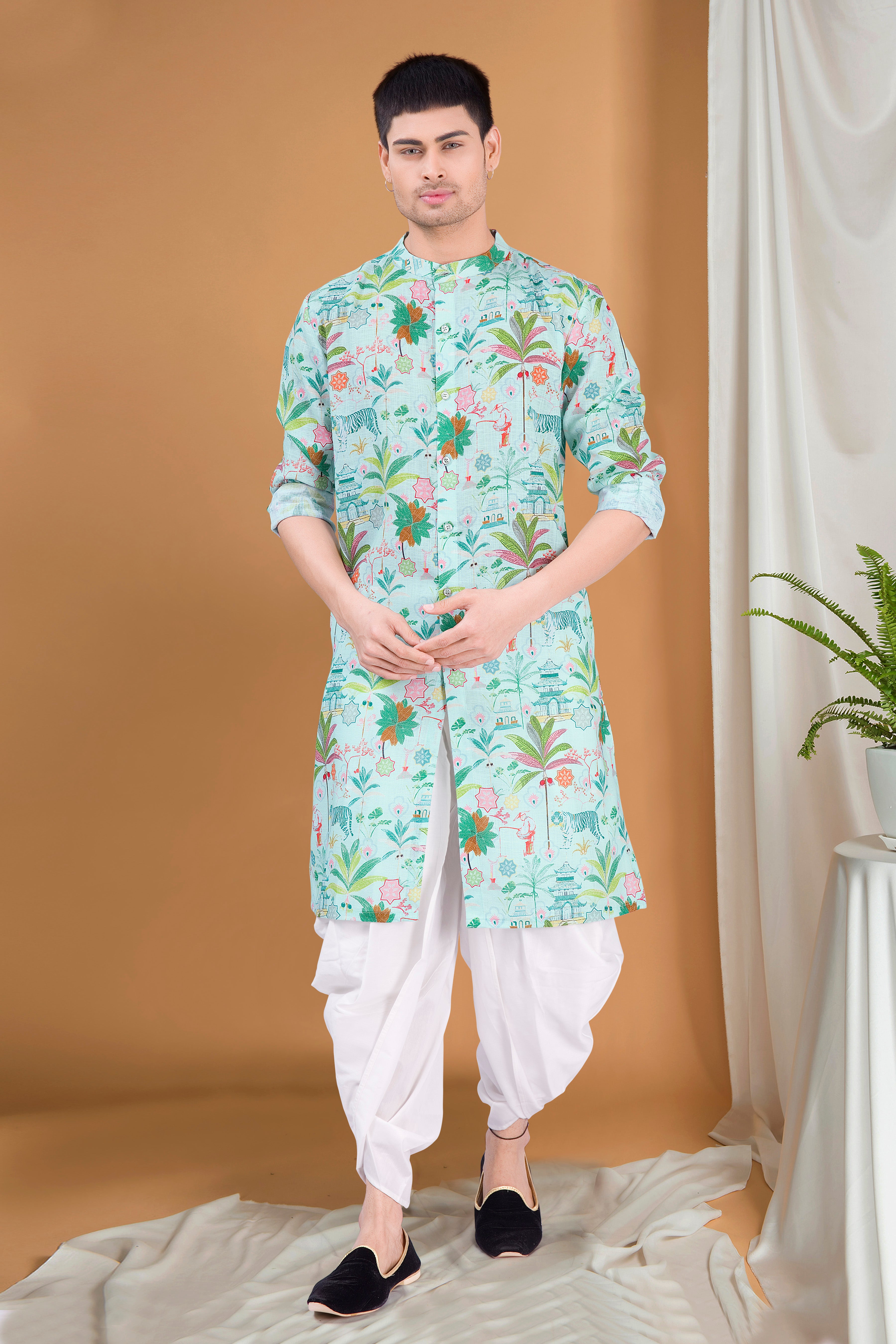 Forest Green Tropical Paradise Kurta Peshawari Set