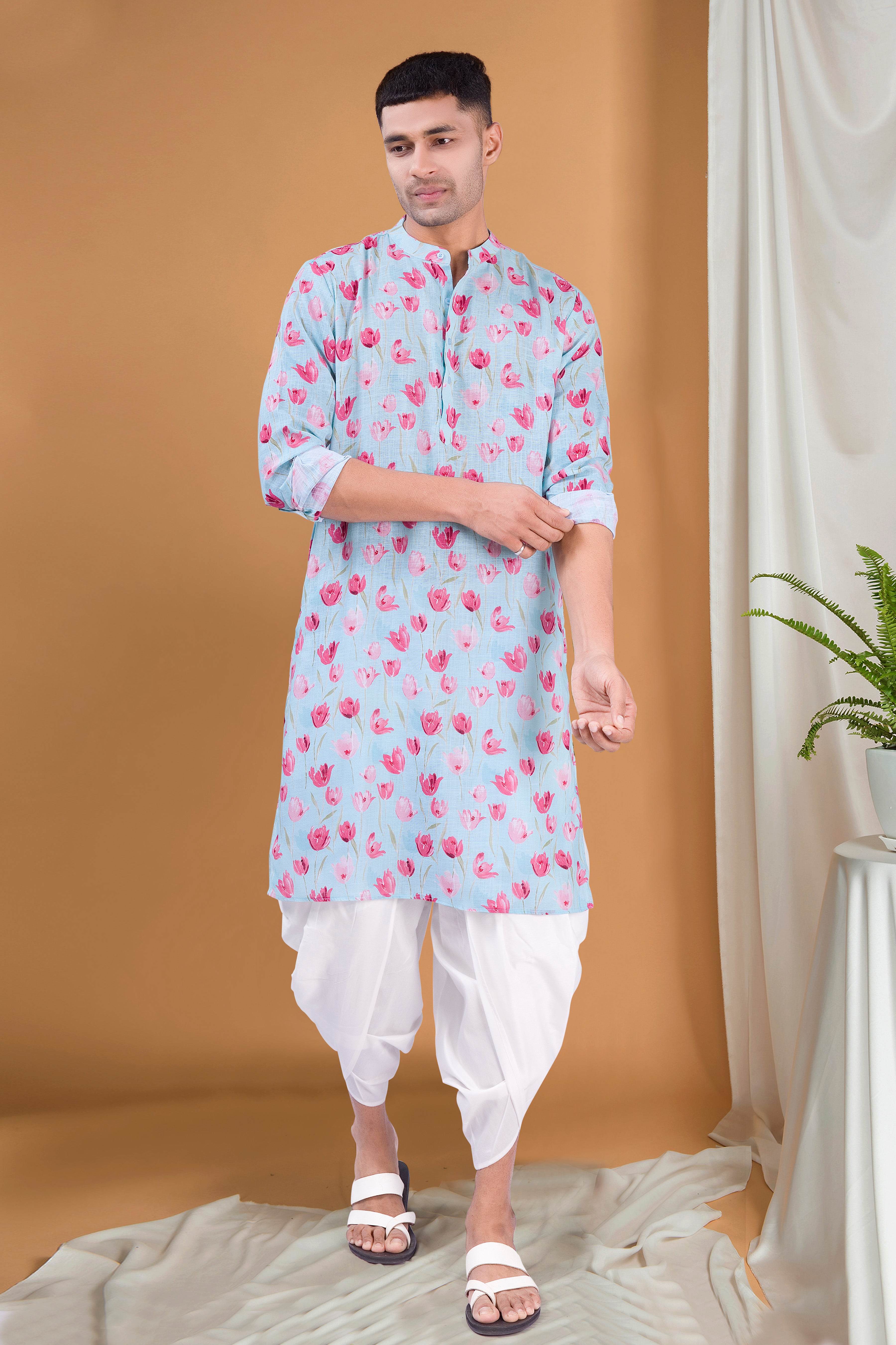 Azure Blue Tropical Paradise Cotton Kurta Peshawari Set