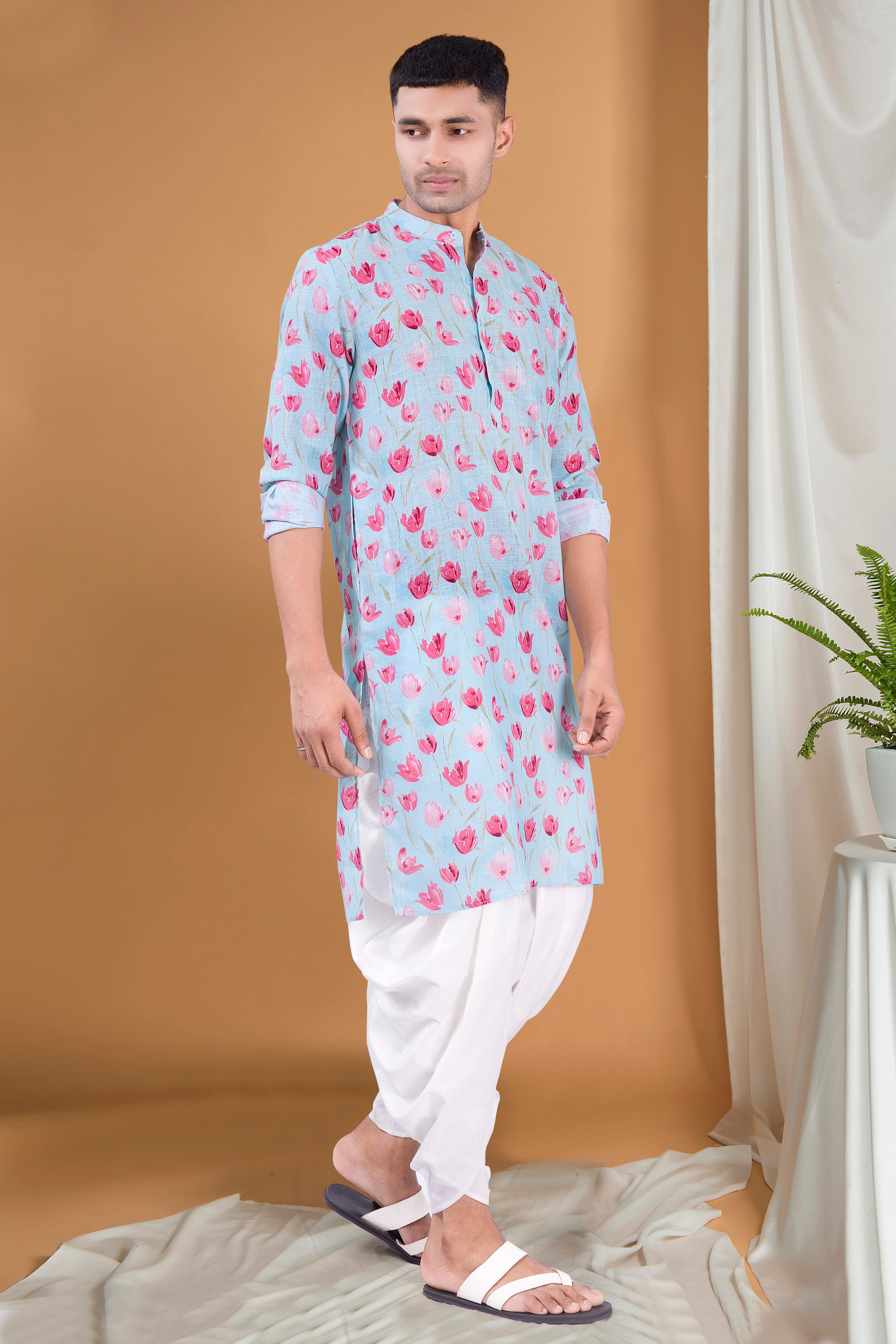 Azure Blue Tropical Paradise Cotton Kurta Peshawari Set