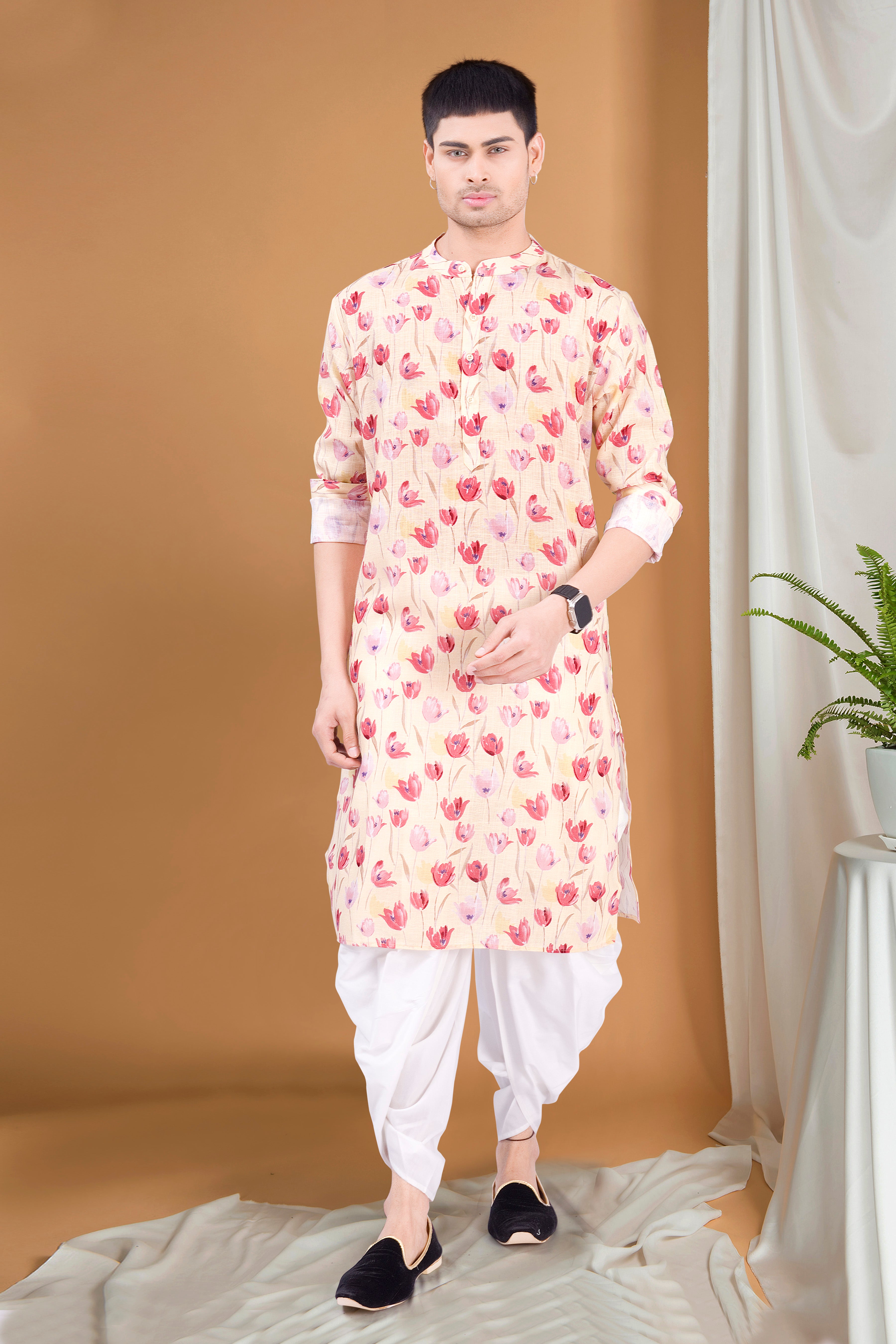 SunShine Yellow Tropical Paradise Cotton Kurta Peshawari Set