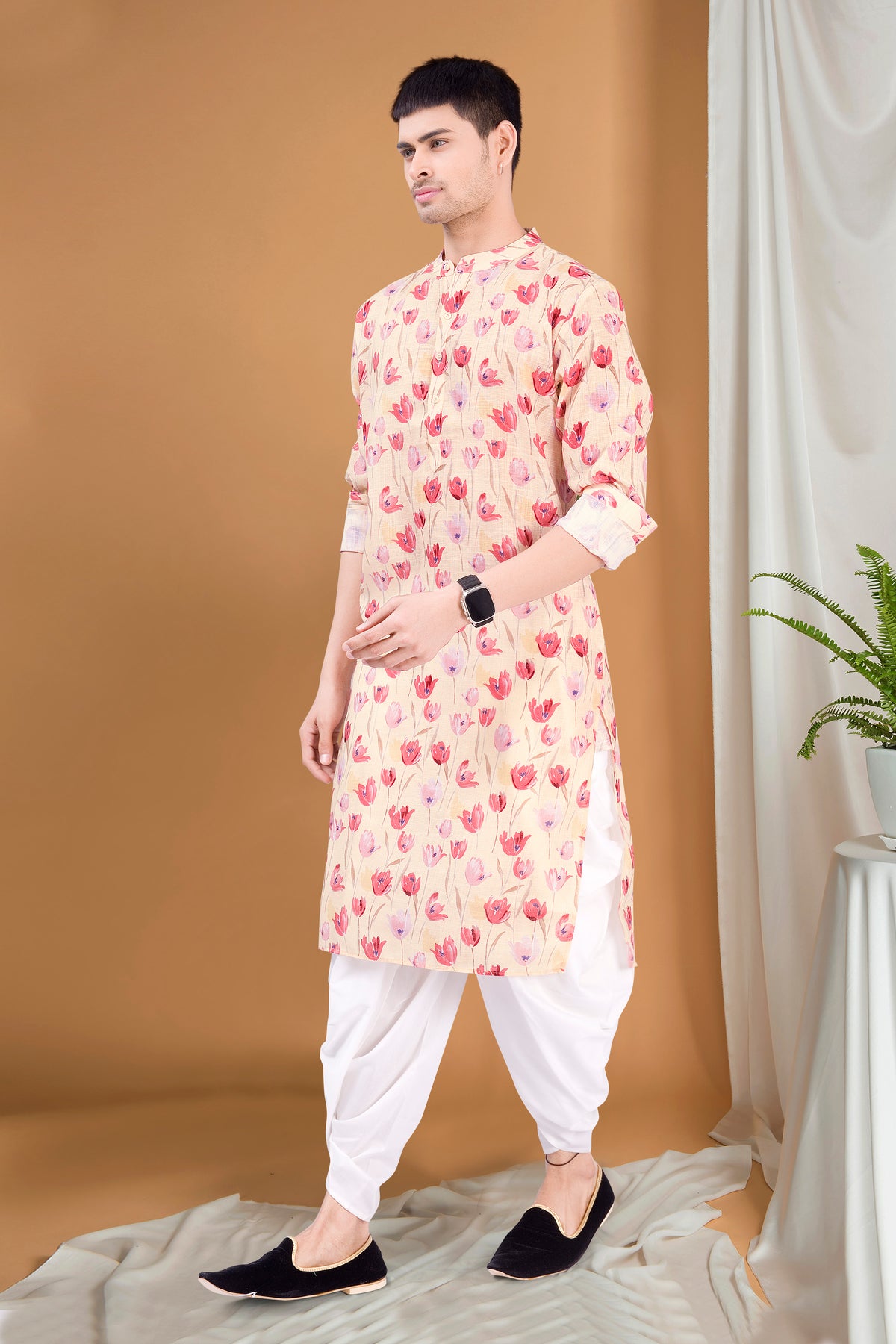 SunShine Yellow Tropical Paradise Cotton Kurta Peshawari Set