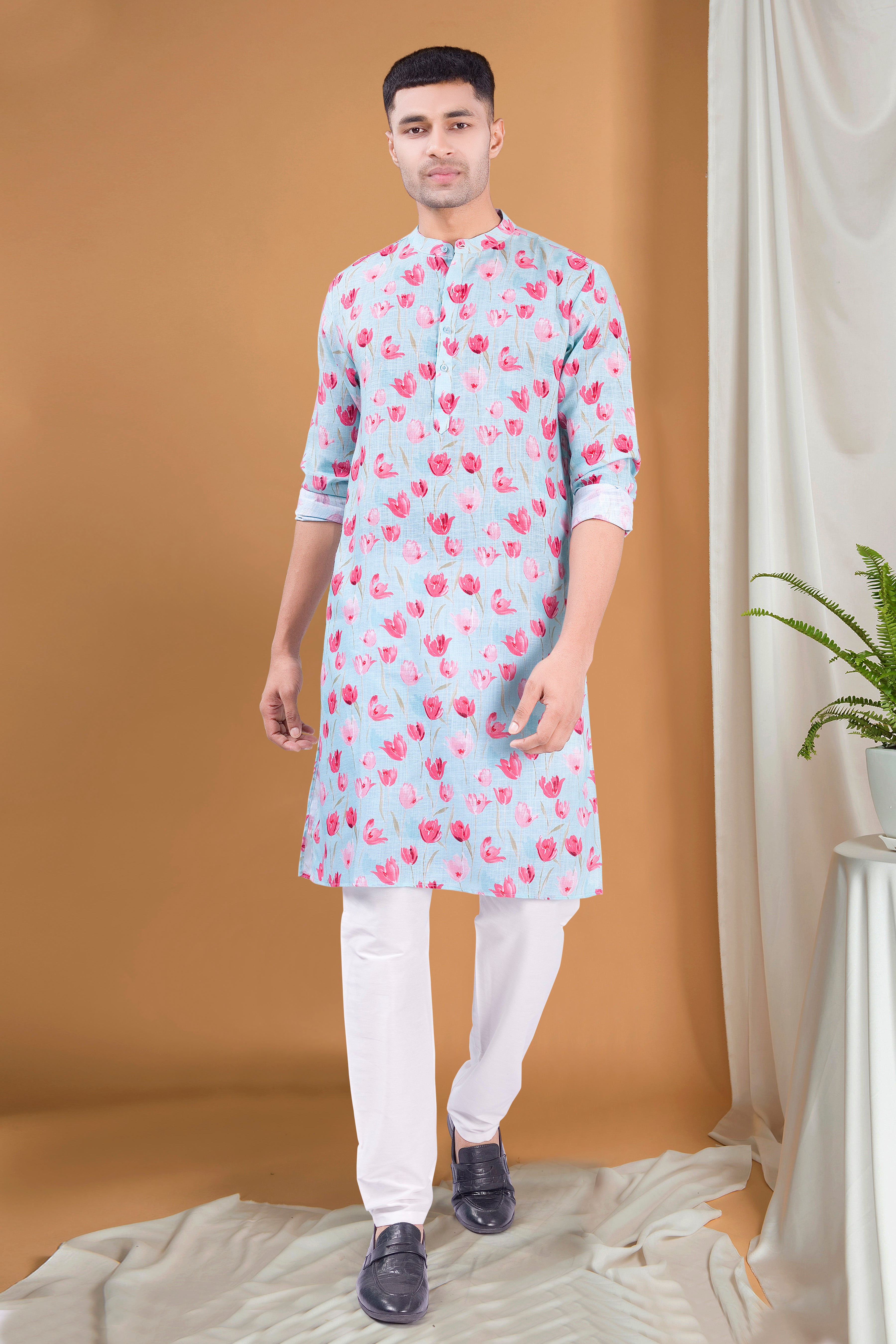 Azure Blue Tropical Paradise Cotton Kurta