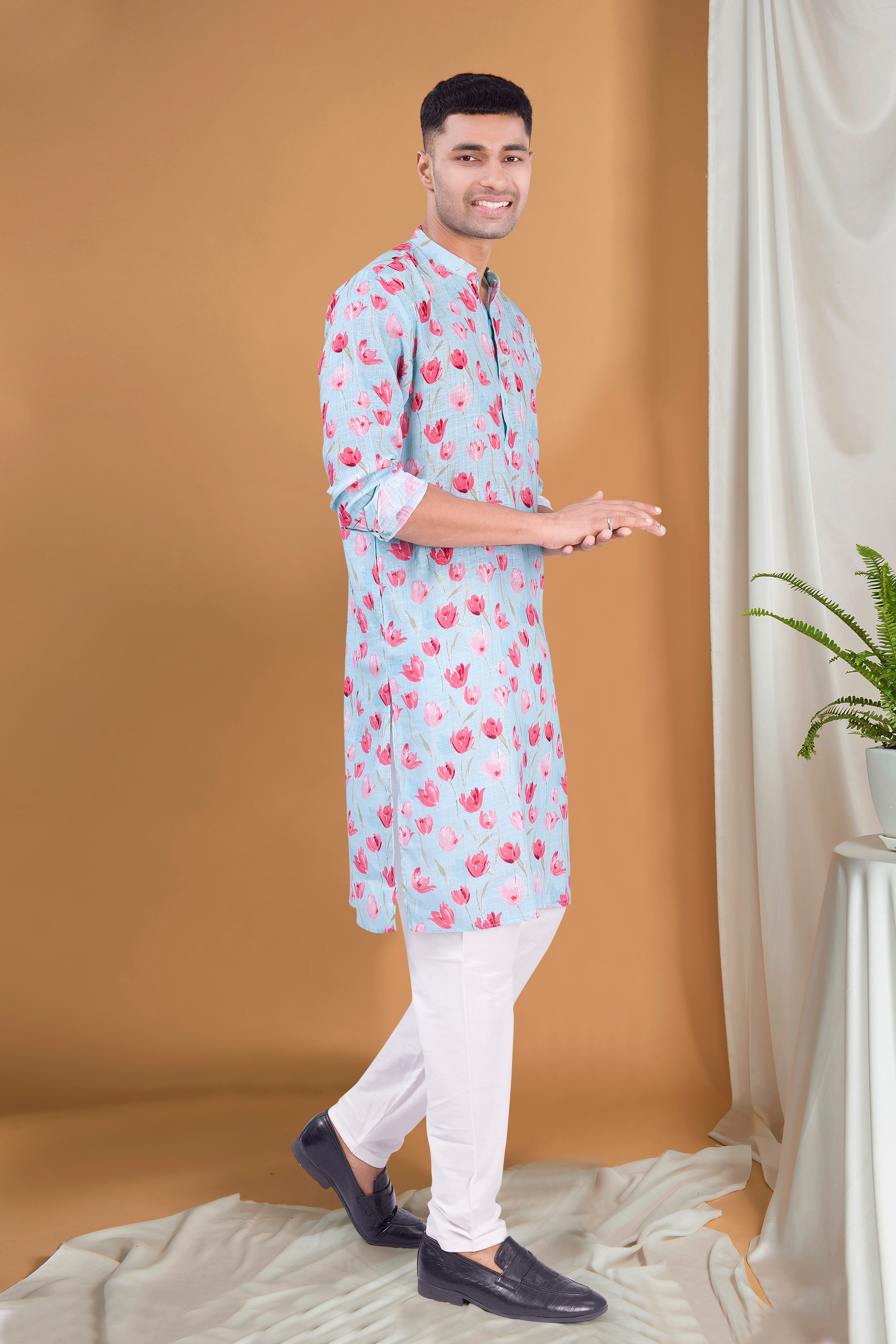 Azure Blue Tropical Paradise Cotton Kurta