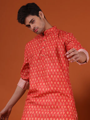 Apricot Orange Buti Print Cotton Silk Kurta