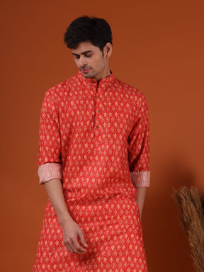 Apricot Orange Buti Print Cotton Silk Kurta