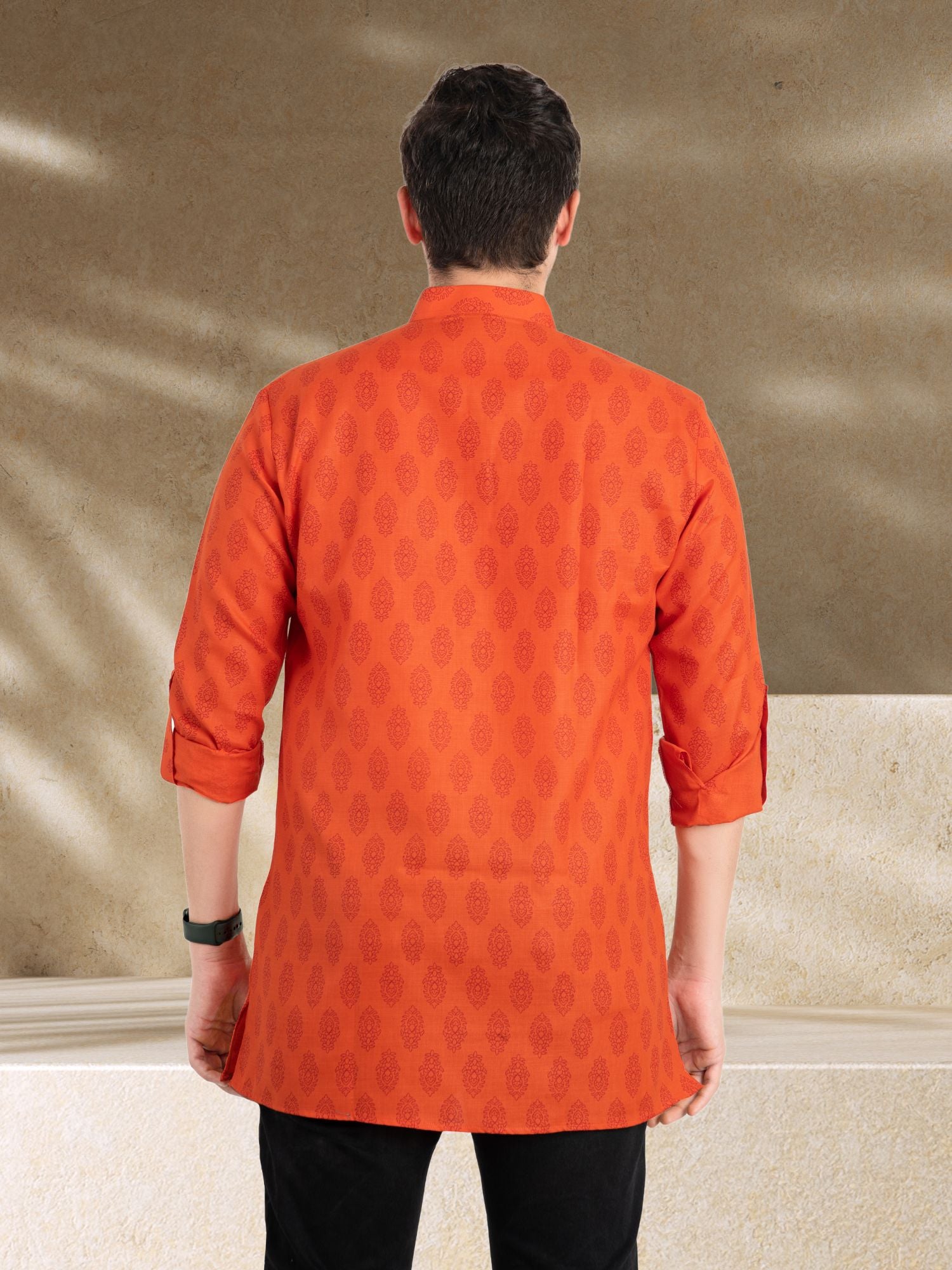 Apricot Orange Solid Printed Long Sleeves Short Kurta