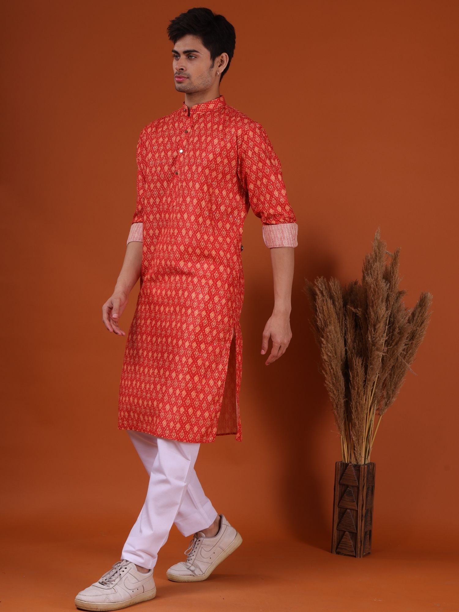 Apricot Orange Buti Print Cotton Silk Kurta