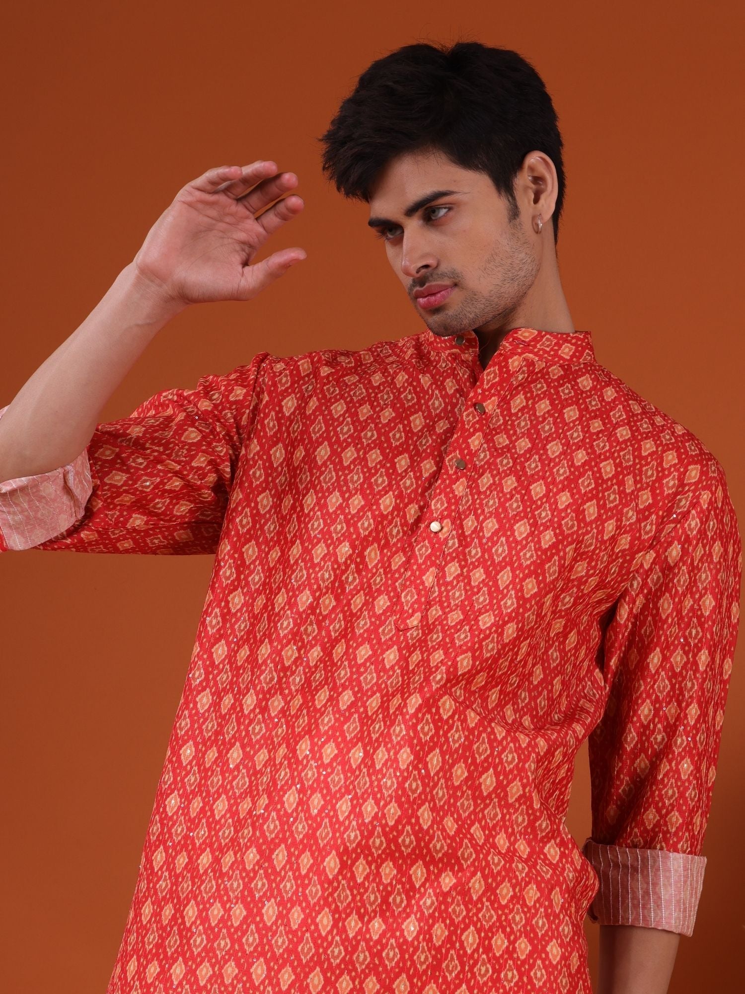 Apricot Orange Buti Print Cotton Silk Kurta