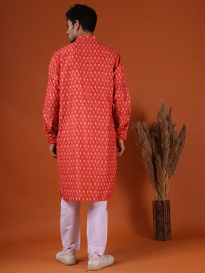 Apricot Orange Buti Print Cotton Silk Kurta