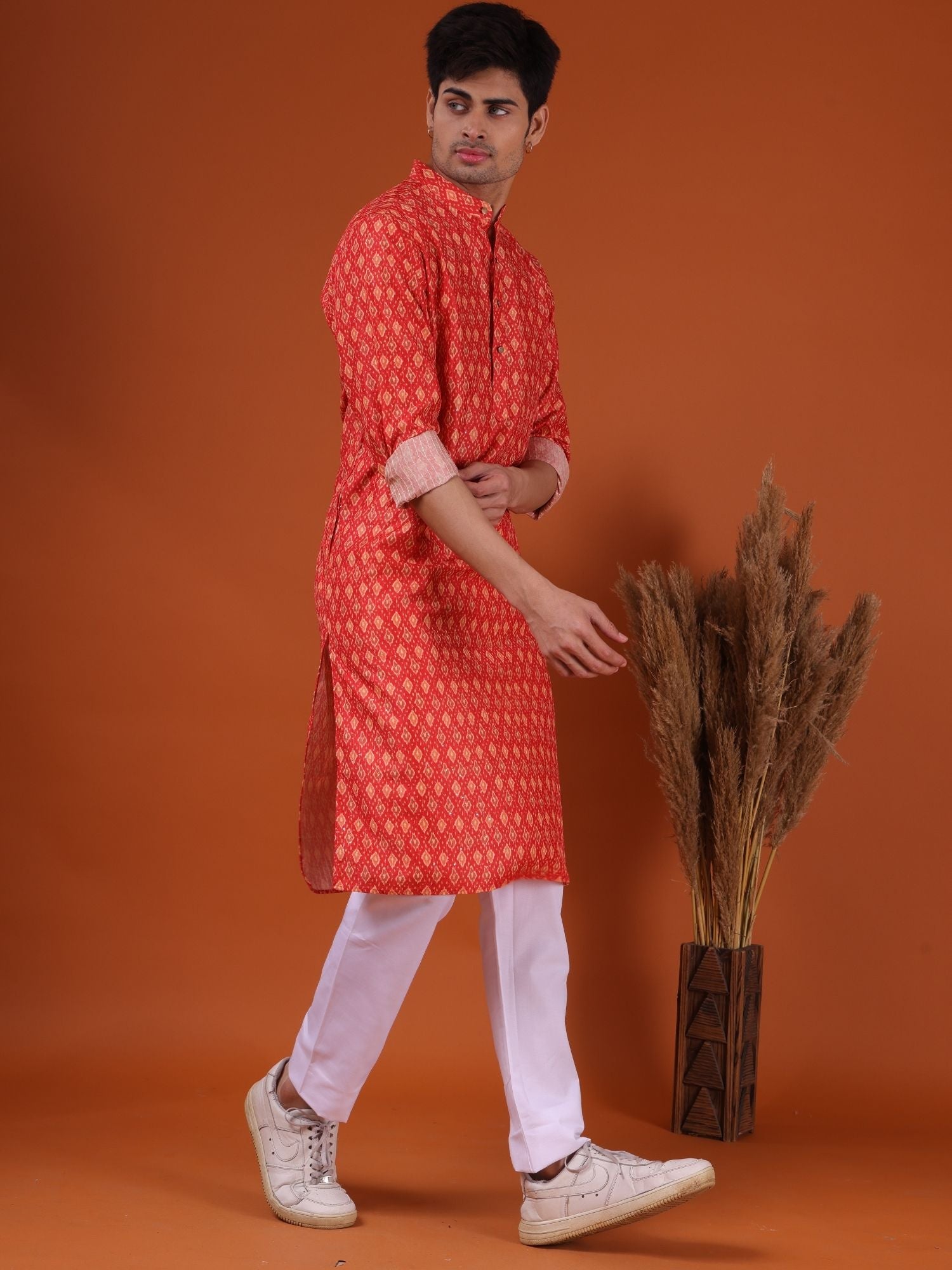 Apricot Orange Buti Print Cotton Silk Kurta