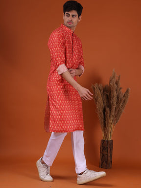 Apricot Orange Buti Print Cotton Silk Kurta