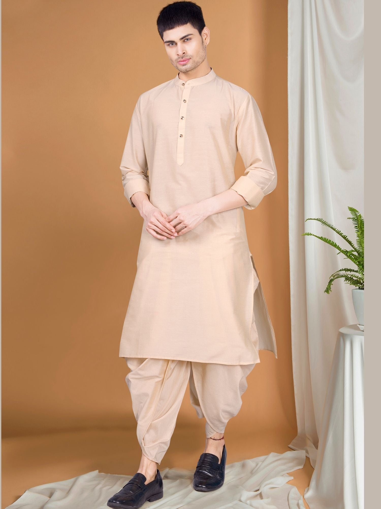 Butter Cream Solid Kurta Peshawari Set