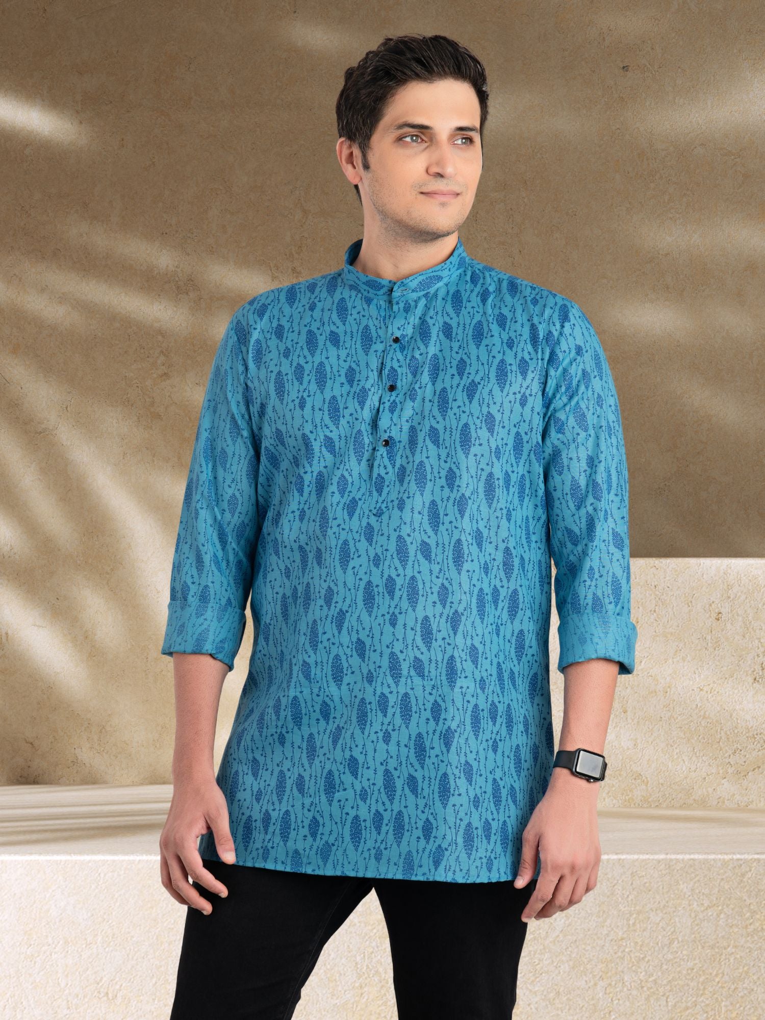 Iris Blue Solid Printed Long Sleeves Short Kurta