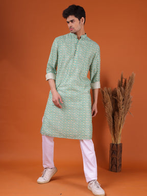 Tropical Green Ikat Print Cotton Silk Kurta