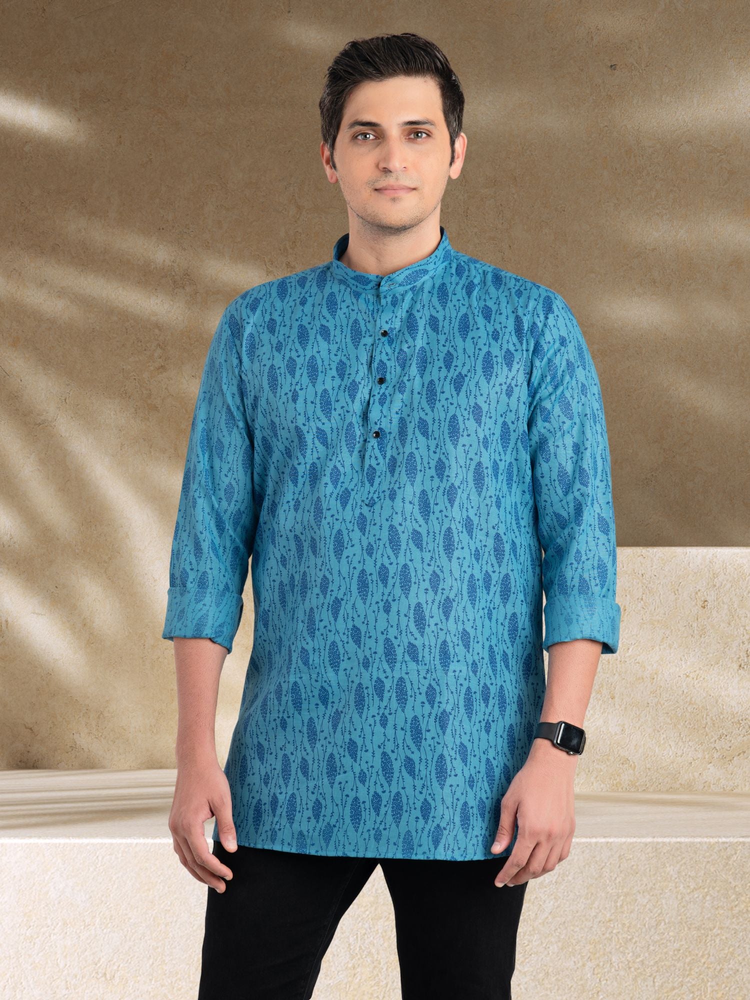 Iris Blue Solid Printed Long Sleeves Short Kurta