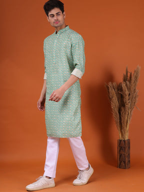 Tropical Green Ikat Print Cotton Silk Kurta