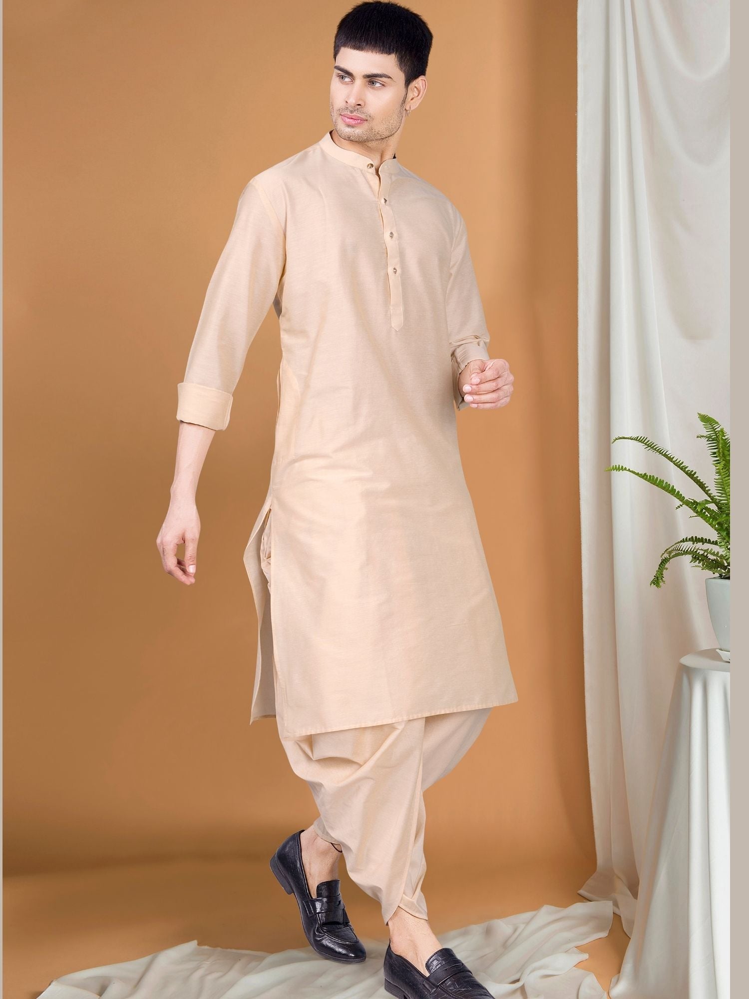 Butter Cream Solid Kurta Peshawari Set