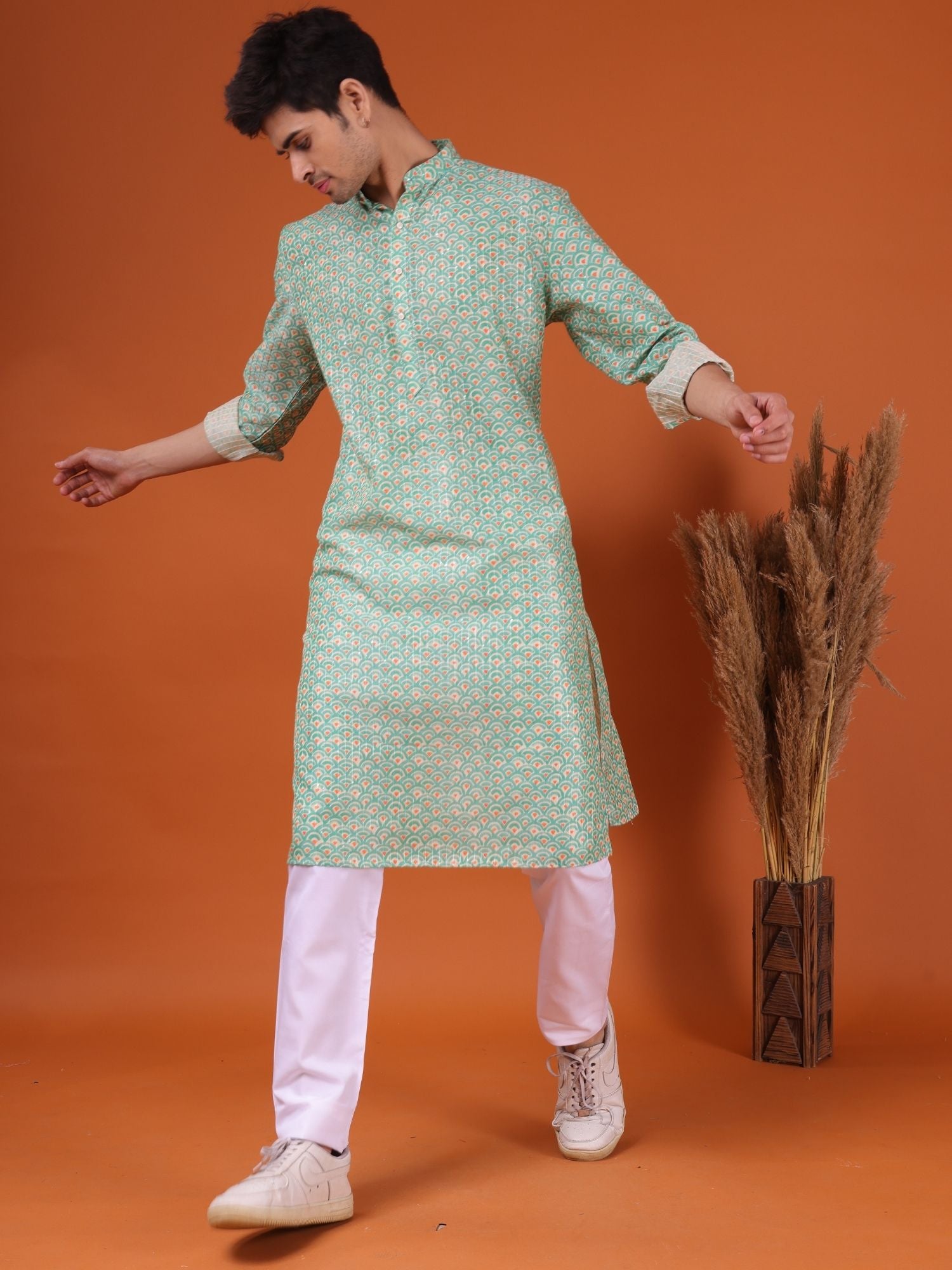 Tropical Green Ikat Print Cotton Silk Kurta