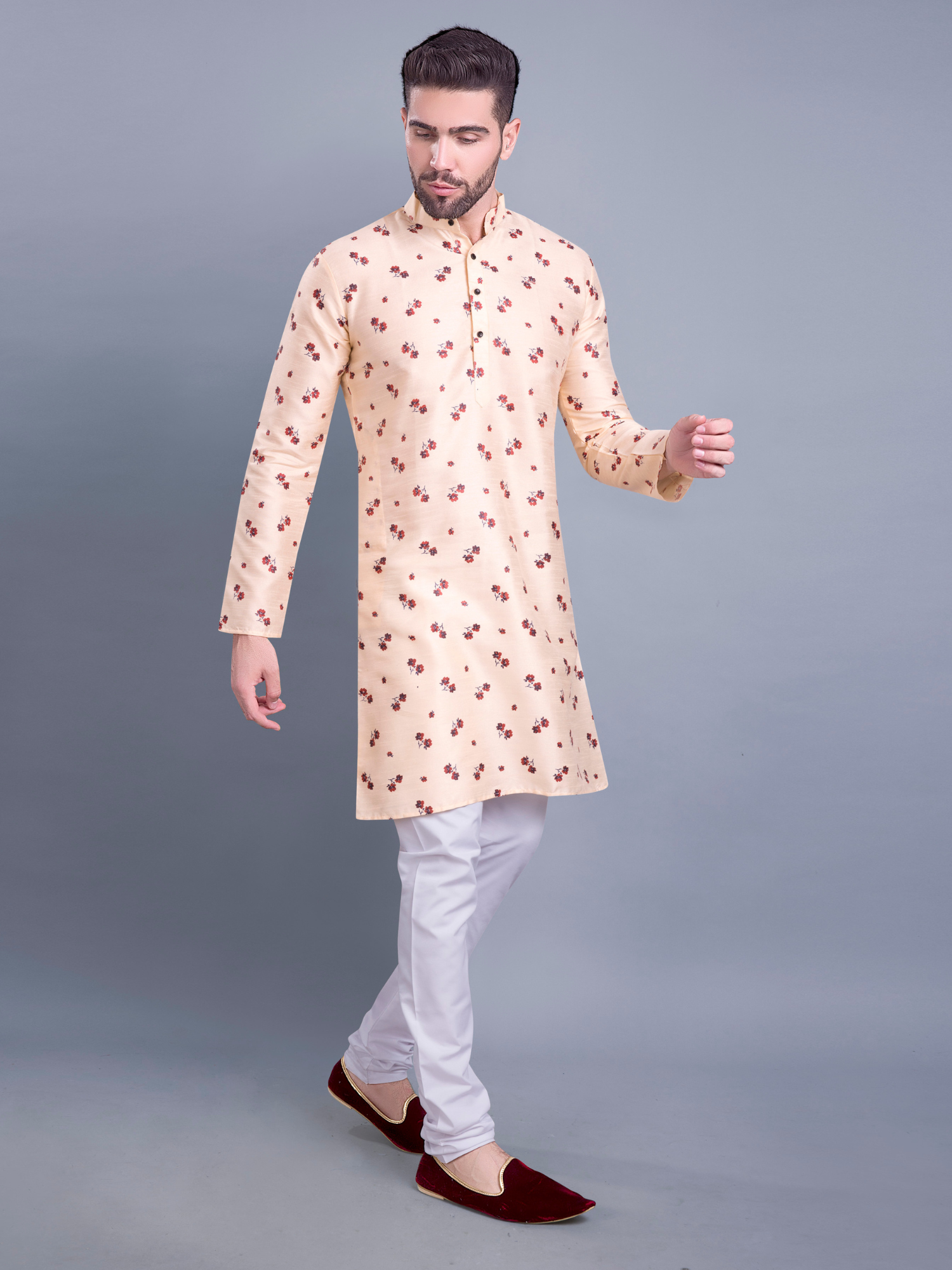 Coral Peach Hloom Printed Silk Kurta