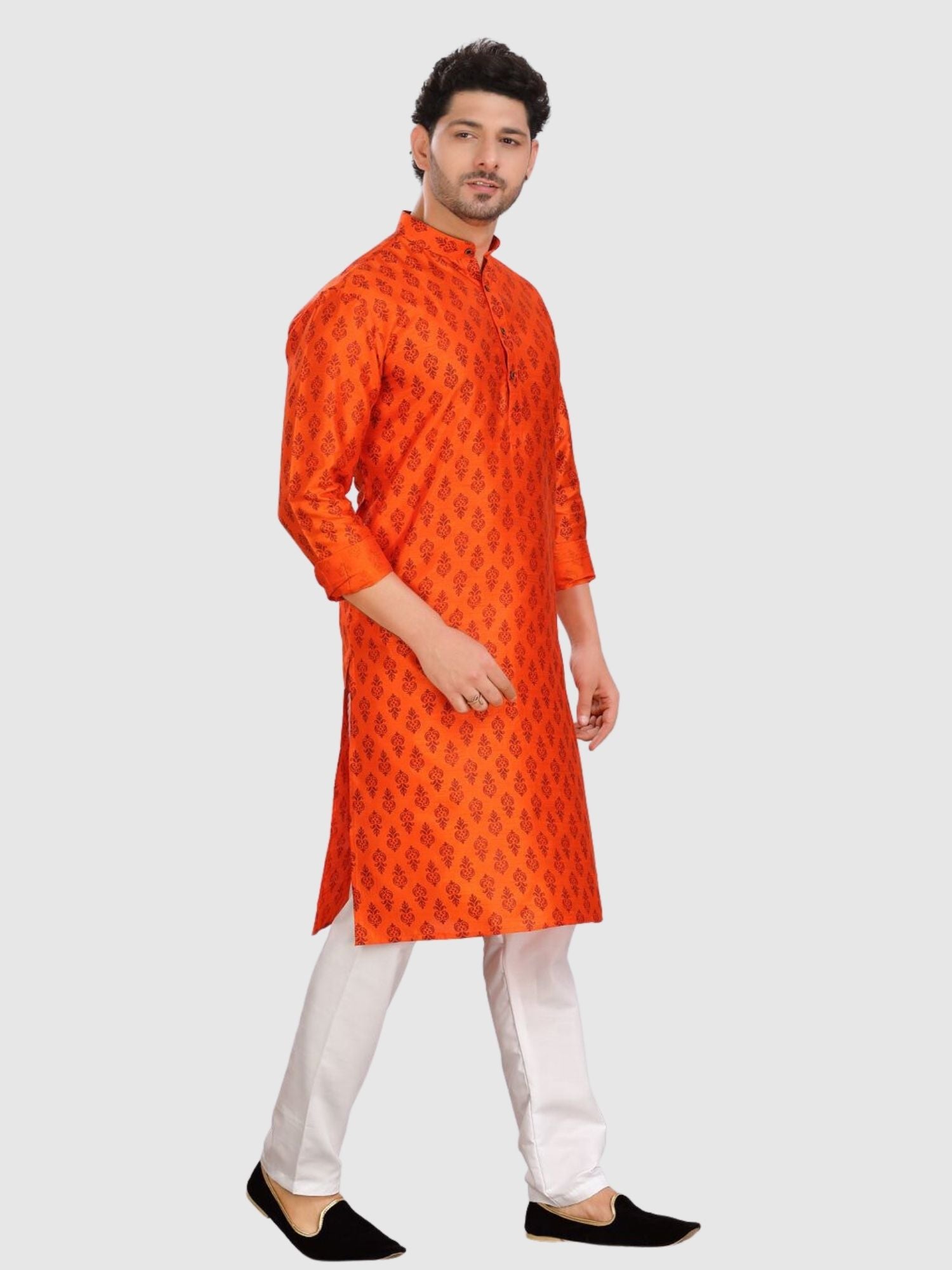 Apricot Orange Silk Printed Kurta  and Matching Dhoti