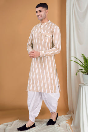 Cider Brown Ikat Print Kurta Peshawari  Set