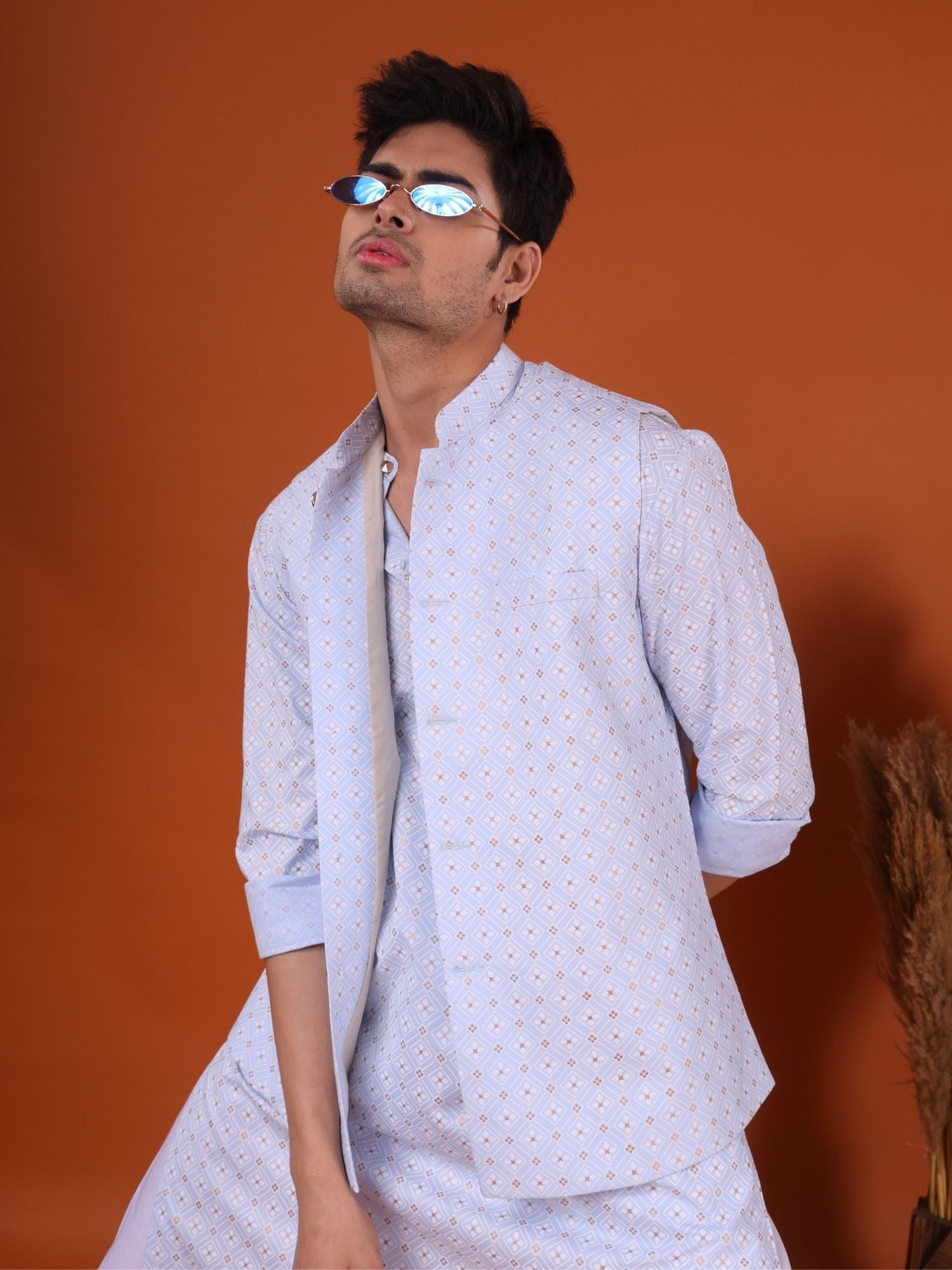 Light Blue Lotus Gold Printed Cotton Kurta Jacket Set