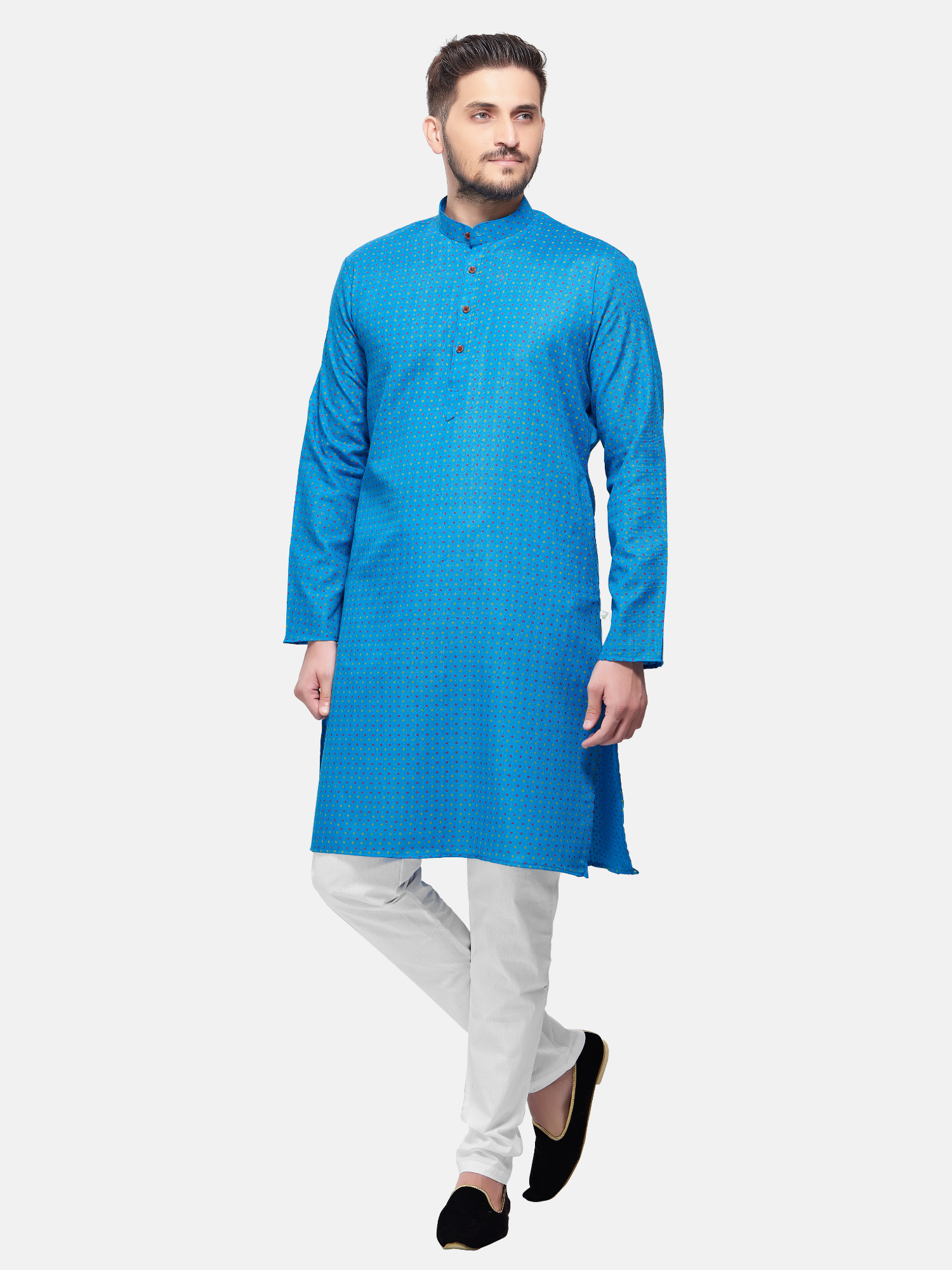 Azure Blue Dot Printed  Cotton Kurta and Matching Dhoti