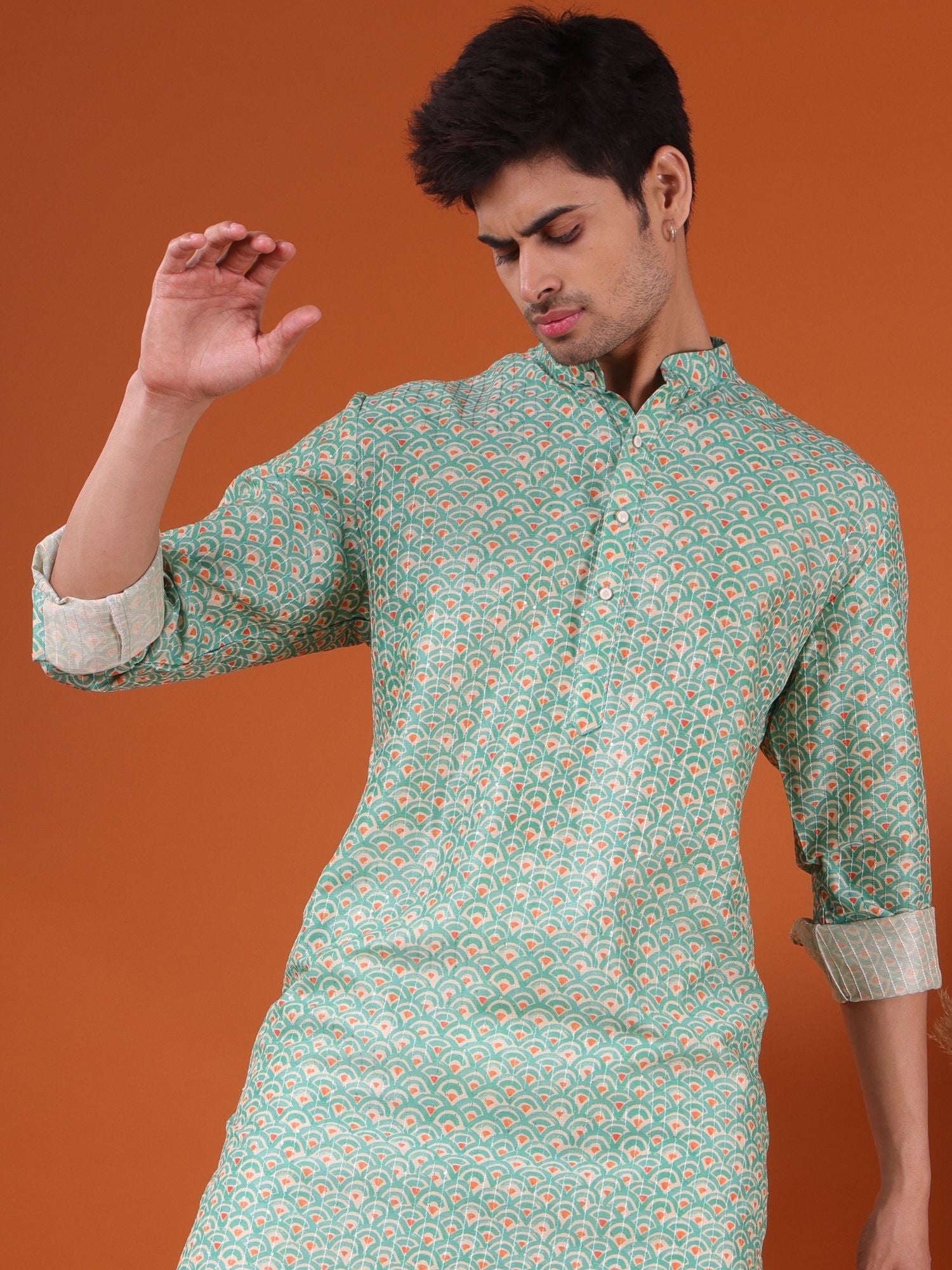 Tropical Green Ikat Print Cotton Silk Kurta