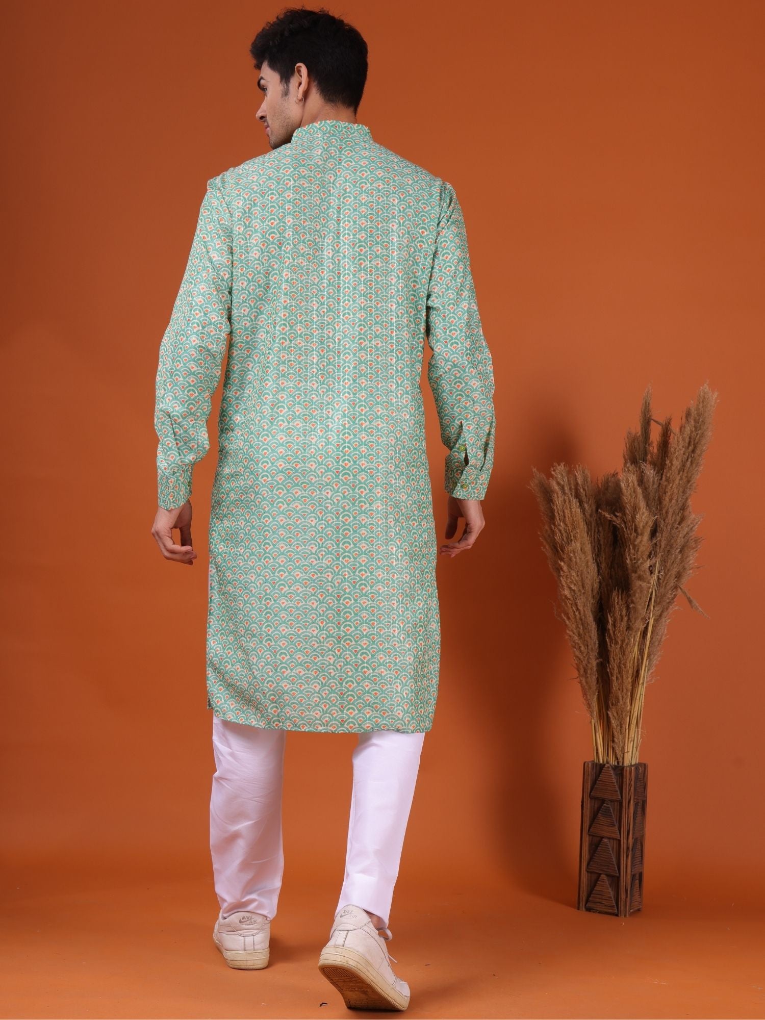 Tropical Green Ikat Print Cotton Silk Kurta