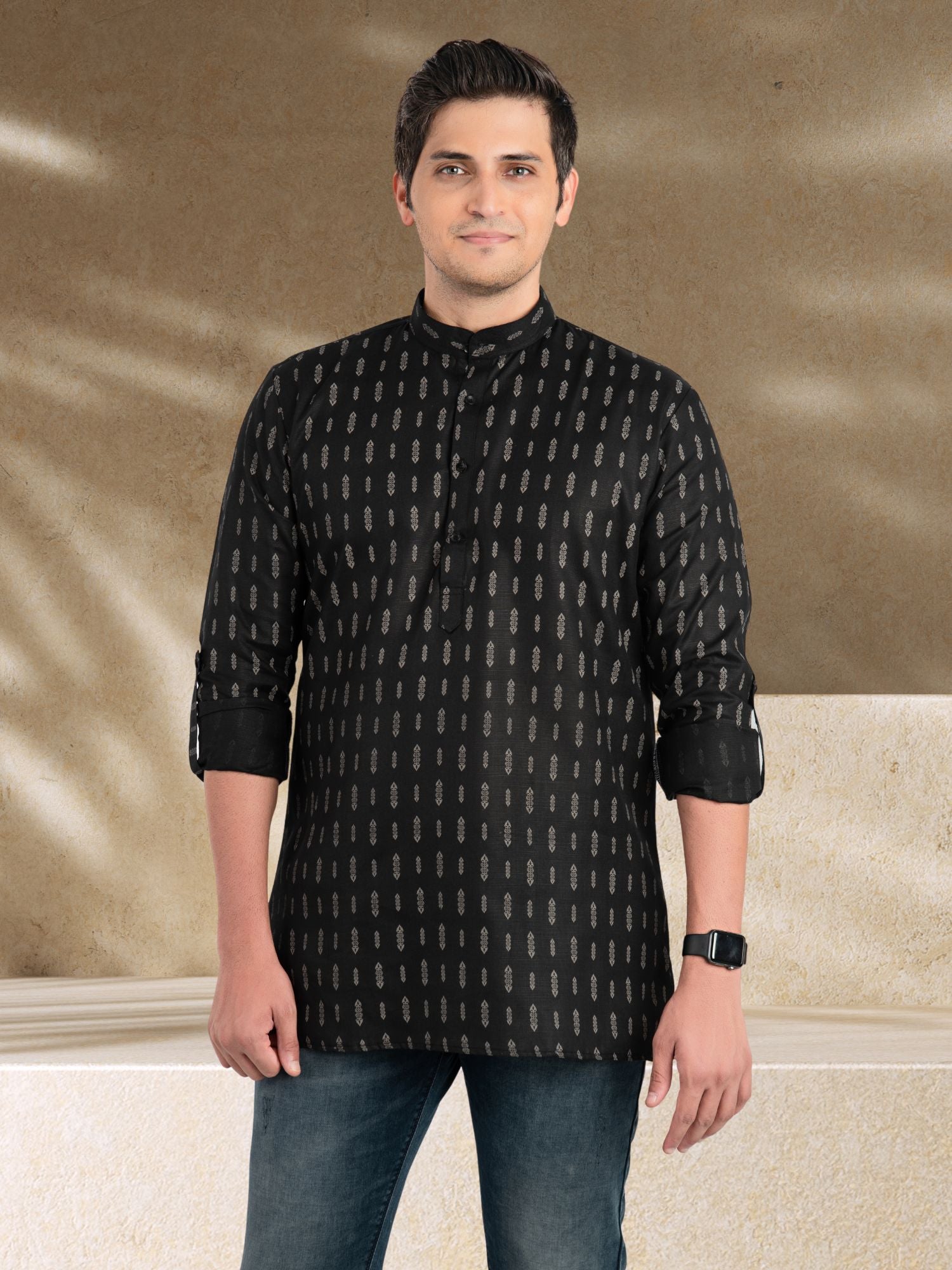 Jade Black Solid Printed Long Sleeves Short Kurta